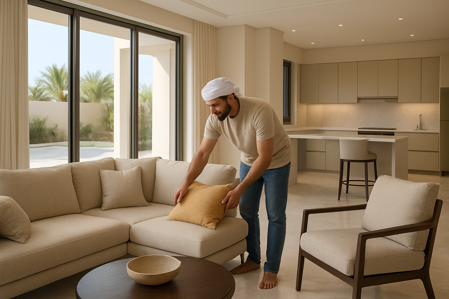 Create a realistic image of a spacious, modern villa interior in Abu Dhabi with clean, organized rooms showing marble floors, contemporary furniture, and large windows with natural daylight streaming in, featuring a Middle Eastern male homeowner in casual attire tidying up and arranging items while preparing the space, with visible elements like polished surfaces, neatly arranged cushions, and spotless kitchen countertops in the background, capturing a bright, professional atmosphere with warm lighting. Absolutely NO text should be in the scene.