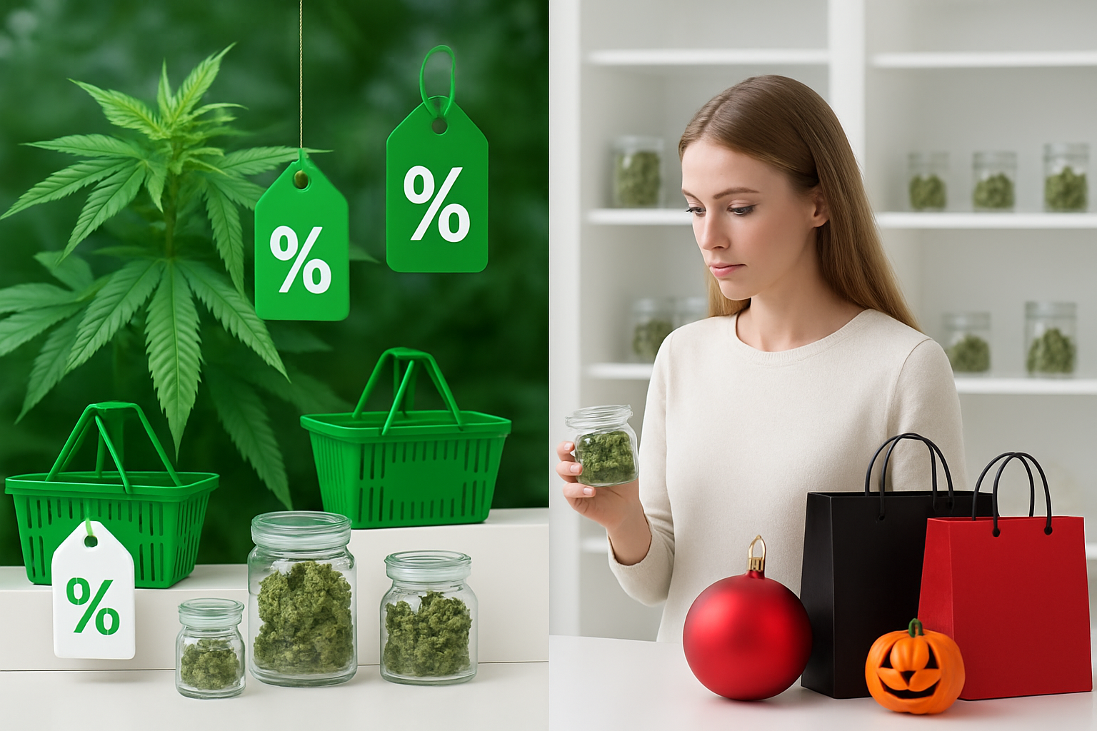 Create a realistic image of a split-screen comparison showing Green Wednesday cannabis dispensary promotions on one side with green leafy plants, discount tags, and shopping baskets, contrasted against traditional seasonal events on the other side featuring Black Friday shopping bags, Christmas ornaments, and Halloween pumpkins, with a white female customer examining products in a modern dispensary setting with bright indoor lighting and clean white shelving, emphasizing the unique nature of cannabis retail holidays compared to conventional seasonal shopping events, absolutely NO text should be in the scene.