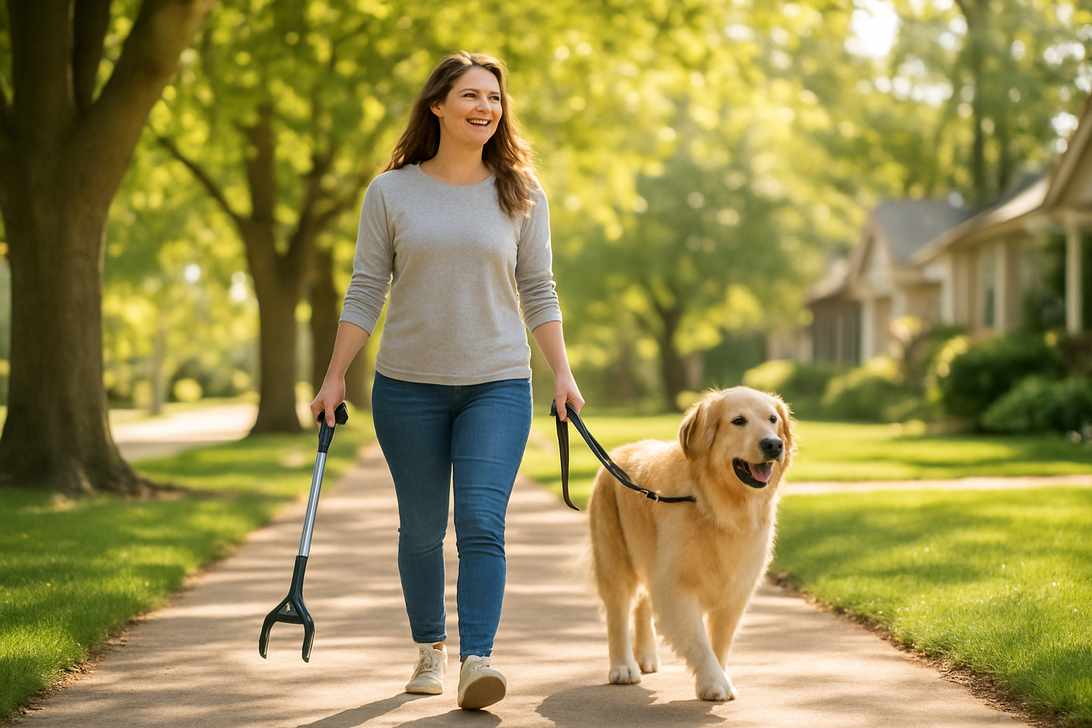 Create a realistic image of a happy white female dog owner walking confidently on a tree-lined suburban sidewalk with her golden retriever on a leash, holding a modern one-handed dog waste cleanup tool, with bright morning sunlight filtering through the trees creating a warm and pleasant atmosphere, both the woman and dog appearing relaxed and enjoying their walk, with clean pavement and well-maintained neighborhood homes in the soft-focused background, conveying a sense of convenience and improved walking experience, absolutely NO text should be in the scene.