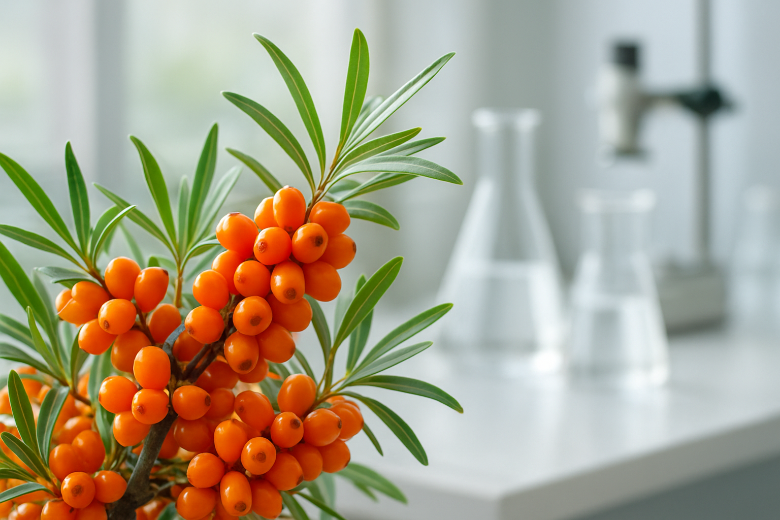 Create a realistic image of vibrant orange sea buckthorn berries clustered on green branches in the foreground, with a subtle scientific laboratory setting in the soft-focus background showing glass beakers and research equipment, natural daylight illuminating the scene with a clean, healthy, and professional mood that conveys scientific credibility and natural wellness benefits, absolutely NO text should be in the scene.