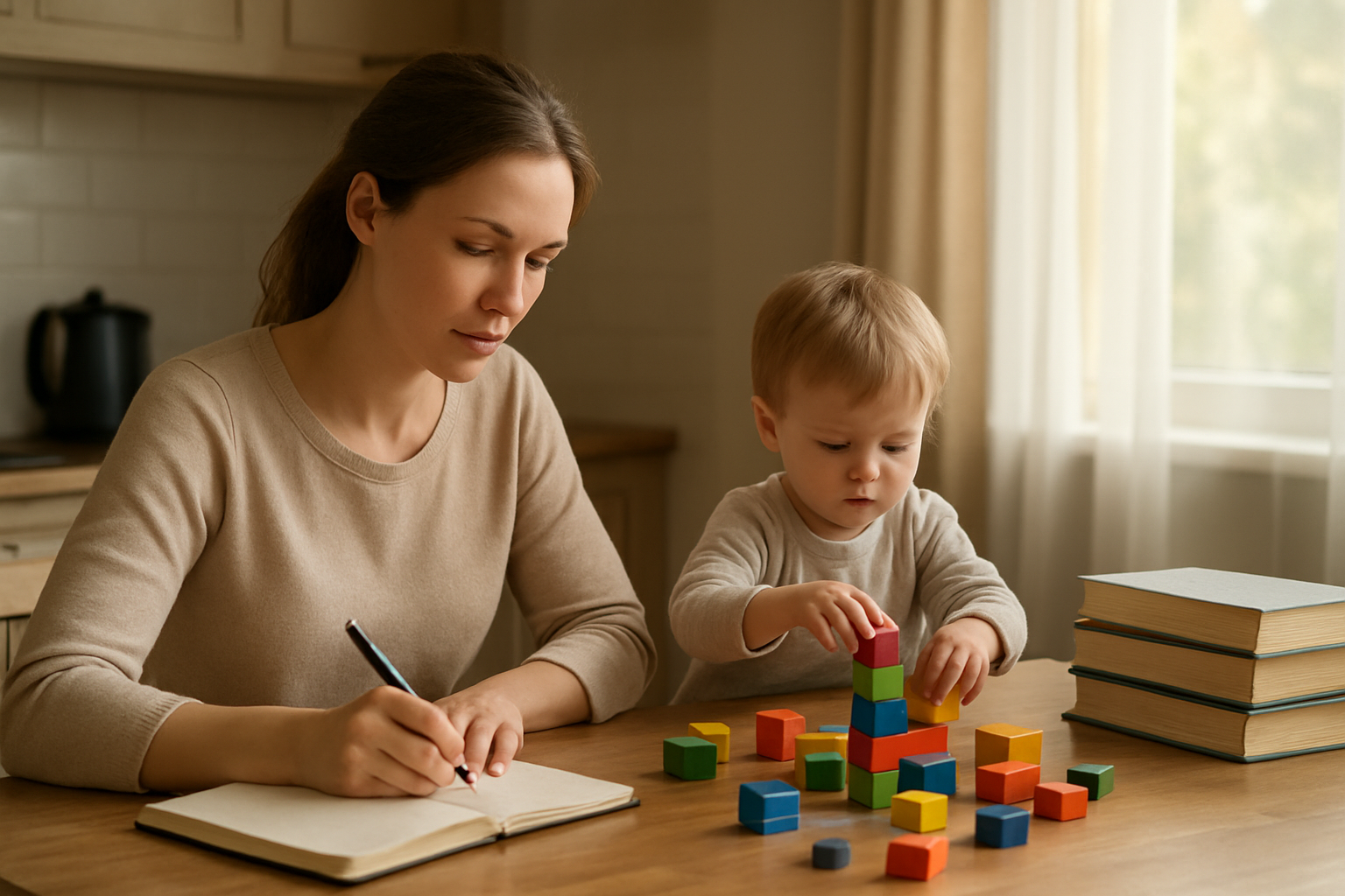 Create a realistic image of a young white mother in her 30s sitting at a kitchen table with a laptop open, simultaneously helping her toddler with building blocks while taking notes in a notebook, with parenting books stacked nearby, soft natural lighting streaming through a window, conveying a sense of multitasking and learning new skills, warm and nurturing atmosphere, absolutely NO text should be in the scene.