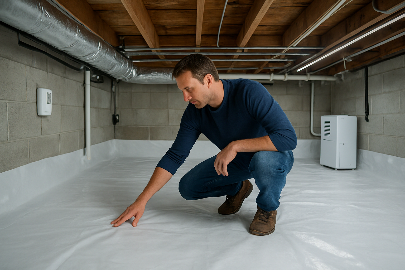 Create a realistic image of a clean, well-maintained encapsulated crawl space interior showing a white male homeowner in his 40s crouched down inspecting the white vapor barrier liner on the ground, with sealed concrete walls, proper ventilation equipment, a dehumidifier unit in the background, LED lighting illuminating the space, moisture monitoring devices mounted on walls, and organized utility pipes and electrical systems, captured in bright, clear lighting that emphasizes the dry, healthy condition of the space, absolutely NO text should be in the scene.