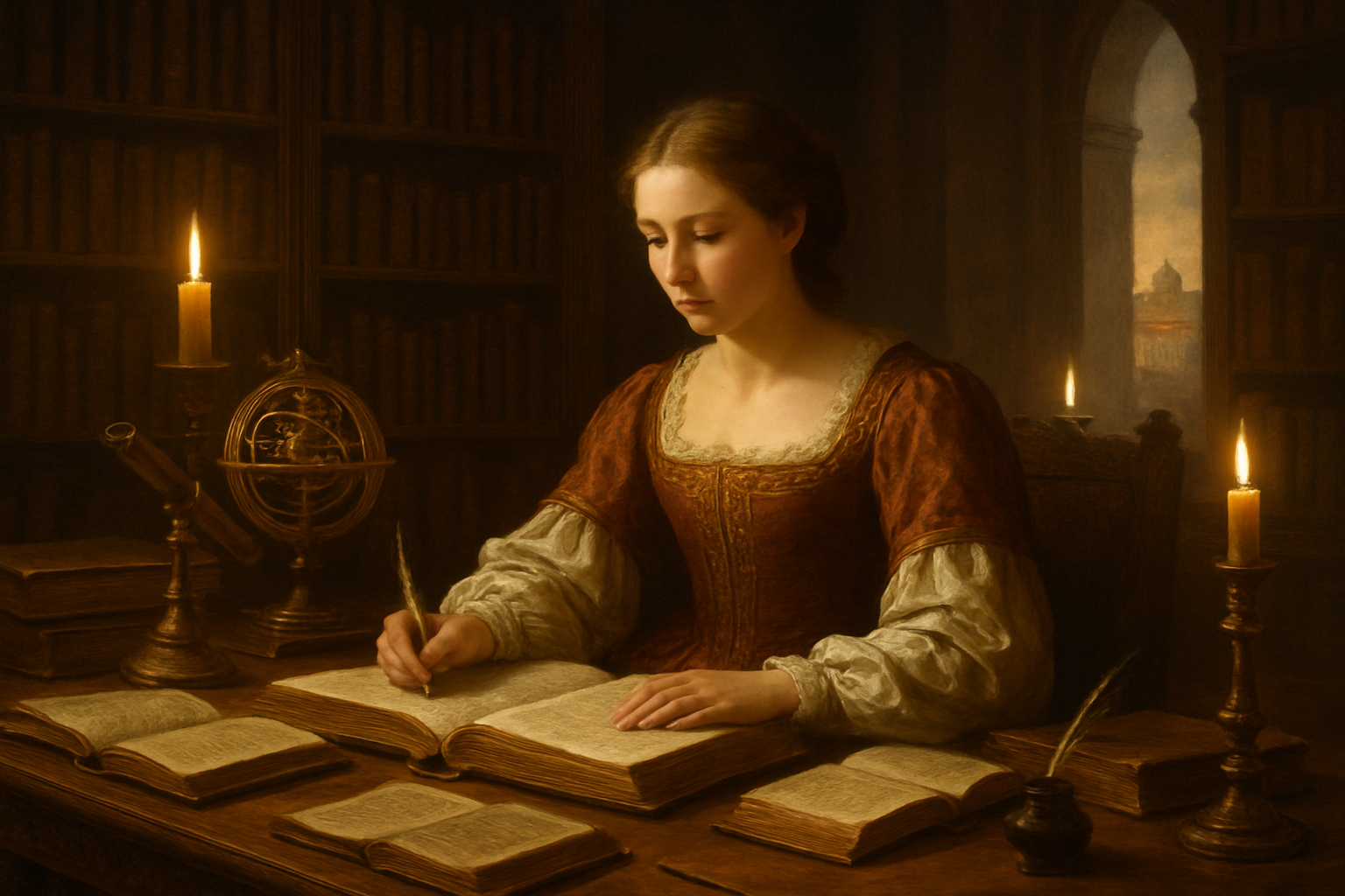 Create a realistic image of a white female scholar from the Renaissance period sitting at an ornate wooden desk in a candlelit study, wearing elegant period clothing with flowing sleeves, surrounded by open leather-bound books, scientific instruments like an astrolabe and telescope, quill pens and inkwells, with tall bookshelves filled with ancient texts in the background, warm golden lighting from candles and a window showing a Renaissance cityscape, creating an atmosphere of intellectual discovery and scholarly pursuit, absolutely NO text should be in the scene.