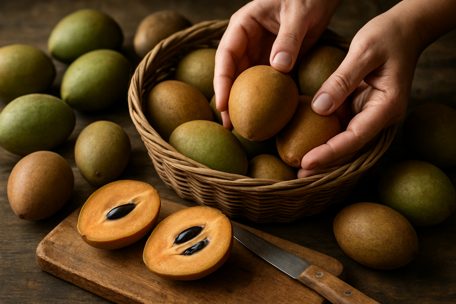 Create a realistic image of hands carefully selecting ripe sapodilla fruits from a wooden basket, with some fruits cut in half showing the creamy brown flesh and black seeds, alongside a knife on a rustic wooden cutting board, surrounded by whole sapodillas in various stages of ripeness from green to brown, with soft natural lighting highlighting the textures and colors of the tropical fruits, absolutely NO text should be in the scene.
