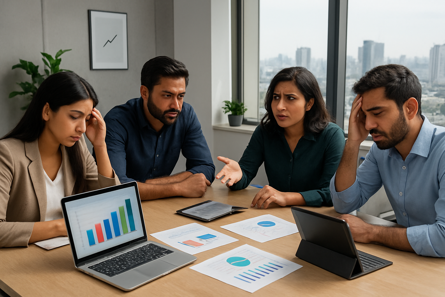 Create a realistic image of a diverse group of South Asian male and female digital marketers sitting around a modern conference table in a sleek office environment, with some looking concerned while others are actively discussing solutions, laptops and tablets displaying analytics charts and graphs scattered on the table, large windows showing a cityscape of Karachi or Lahore in the background, bright natural lighting creating a professional atmosphere, with visible stress and determination on their faces as they collaborate to overcome marketing obstacles, modern office decor with plants and motivational elements, absolutely NO text should be in the scene.