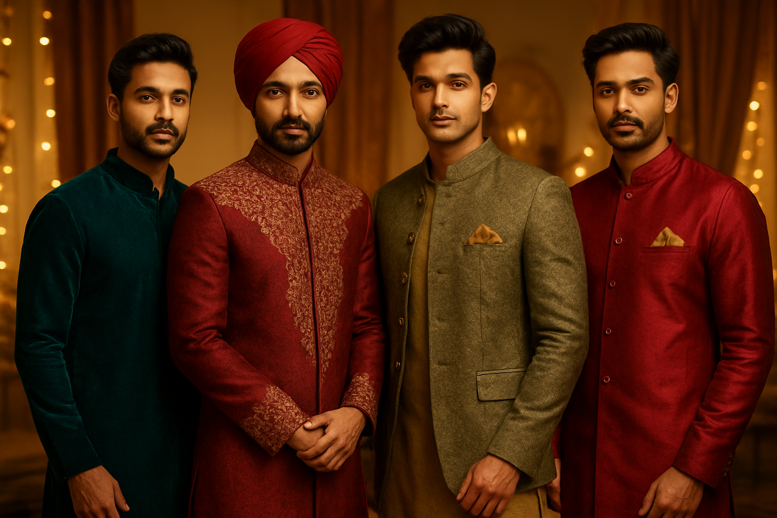 Create a realistic image of a diverse group of Indian men showcasing various festive fashion trends, featuring men wearing traditional kurtas in rich jewel tones, embroidered sherwanis, Indo-western fusion outfits, and decorative accessories like turbans and pocket squares, set against an elegant indoor setting with warm golden lighting and subtle festive decorations in the background, captured in a fashion showcase style with the men posed confidently displaying different styling options, absolutely NO text should be in the scene.