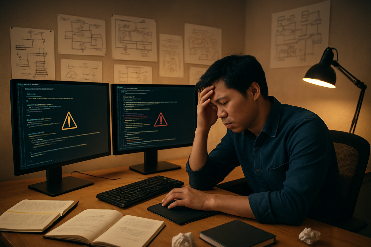 Create a realistic image of a modern office workspace showing a frustrated Asian male developer sitting at a desk with multiple computer monitors displaying code errors and warning symbols, surrounded by technical diagrams and flowcharts pinned to a wall, with scattered notebooks and technical documentation on the desk, a coffee cup and crumpled papers indicating long working hours, warm overhead lighting creating a focused work environment, conveying the challenges of implementing complex AI systems, absolutely NO text should be in the scene.