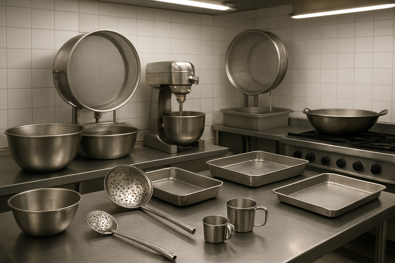 Create a realistic image of a professional Indian sweet kitchen setup showing stainless steel equipment and tools arranged for motichoor laddu production, including large industrial sieves with fine mesh, heavy-duty mixers, gas burners, deep frying pans, ladles, strainers, measuring cups, and stainless steel trays organized on clean metal countertops, with proper lighting from overhead fluorescent fixtures, clean tiled walls in the background, and everything arranged in an efficient workflow layout ready for confectionery production, absolutely NO text should be in the scene.