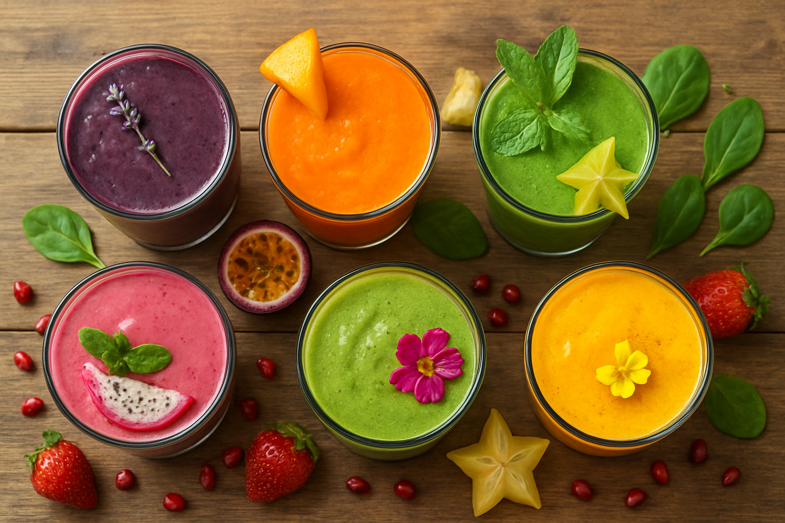 Create a realistic image of an overhead view of multiple colorful fruit smoothies in clear glasses arranged on a wooden table, featuring unique and creative combinations like deep purple blueberry-lavender, bright orange mango-carrot-ginger, vibrant green spinach-pineapple-coconut, pink dragon fruit-strawberry, and yellow turmeric-banana smoothies, each garnished with fresh herbs, edible flowers, or exotic fruit slices, surrounded by scattered fresh ingredients including unusual fruits like passion fruit, star fruit, and pomegranate seeds, with natural daylight creating soft shadows and highlighting the vibrant colors and textures of each creative smoothie combination, absolutely NO text should be in the scene.