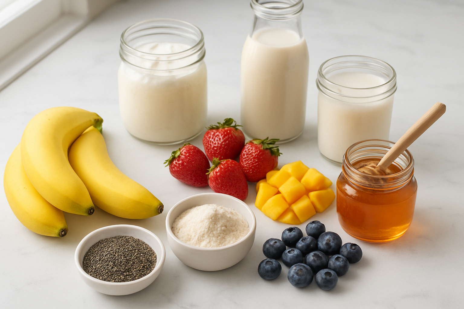 Create a realistic image of essential smoothie base ingredients artfully arranged on a clean white marble countertop, featuring fresh fruits like bananas, strawberries, blueberries, and mango pieces, alongside containers of Greek yogurt, almond milk, coconut milk, honey in a glass jar, chia seeds in a small bowl, and protein powder in an open container, with soft natural lighting from a nearby window creating gentle shadows, shot from a slightly elevated angle to showcase all ingredients clearly, with a fresh and vibrant mood that emphasizes the healthy and appetizing nature of the ingredients, absolutely NO text should be in the scene.