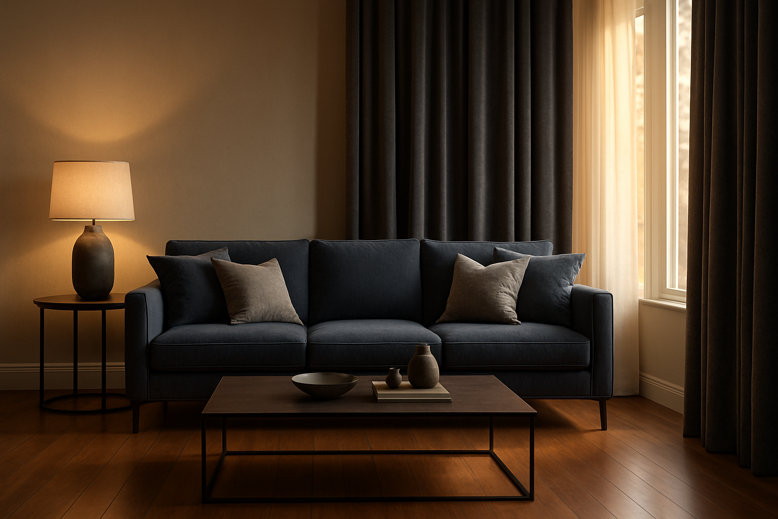 Create a realistic image of a luxurious modern living room showcasing premium quality furniture with an elegant sofa featuring rich upholstery in deep navy or charcoal fabric positioned against coordinating curtains in complementary colors, soft ambient lighting creating a warm and inviting atmosphere, polished hardwood floors, a sleek coffee table with decorative items, plush cushions arranged perfectly on the sofa, flowing curtains with subtle patterns that match the sofa's color scheme, warm golden hour lighting filtering through the windows, clean minimalist design elements emphasizing comfort and sophistication, absolutely NO text should be in the scene.