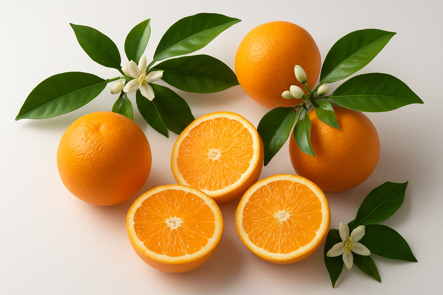 Create a realistic image of fresh orange fruits in various stages, showing whole oranges with their bright orange peel, cross-sectioned oranges revealing juicy segments, orange tree branches with green leaves and white blossoms, and a few oranges still attached to the branch, arranged on a clean white surface with soft natural lighting from above, highlighting the botanical features and textures of the citrus fruit, absolutely NO text should be in the scene.