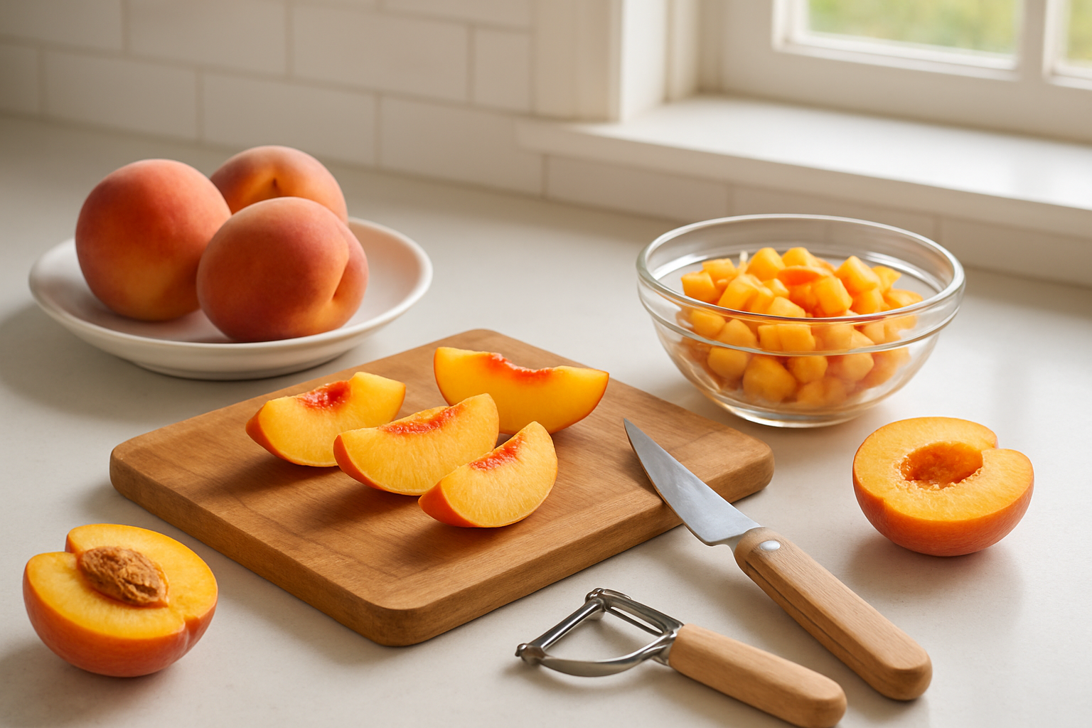 Create a realistic image of fresh peaches being prepared in a bright, clean kitchen setting with various culinary preparation methods displayed, including whole peaches, sliced peach wedges on a wooden cutting board, diced peach pieces in a glass bowl, and peach halves with pits removed, alongside kitchen tools like a sharp knife and peeler, with natural daylight streaming through a window creating soft shadows, warm and inviting atmosphere, absolutely NO text should be in the scene.