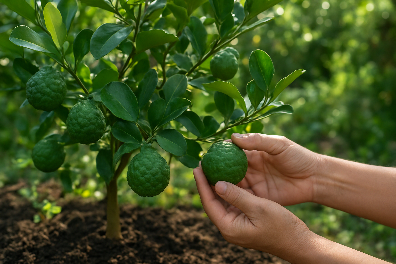 Create a realistic image of a flourishing kaffir lime tree in a home garden setting with distinctive bumpy green limes hanging from branches, glossy double-lobed leaves clearly visible, a person's hands gently reaching to harvest a ripe lime, rich dark soil around the base of the tree, soft natural sunlight filtering through the foliage creating dappled shadows, lush green garden background with other plants slightly blurred, peaceful gardening atmosphere, absolutely NO text should be in the scene.