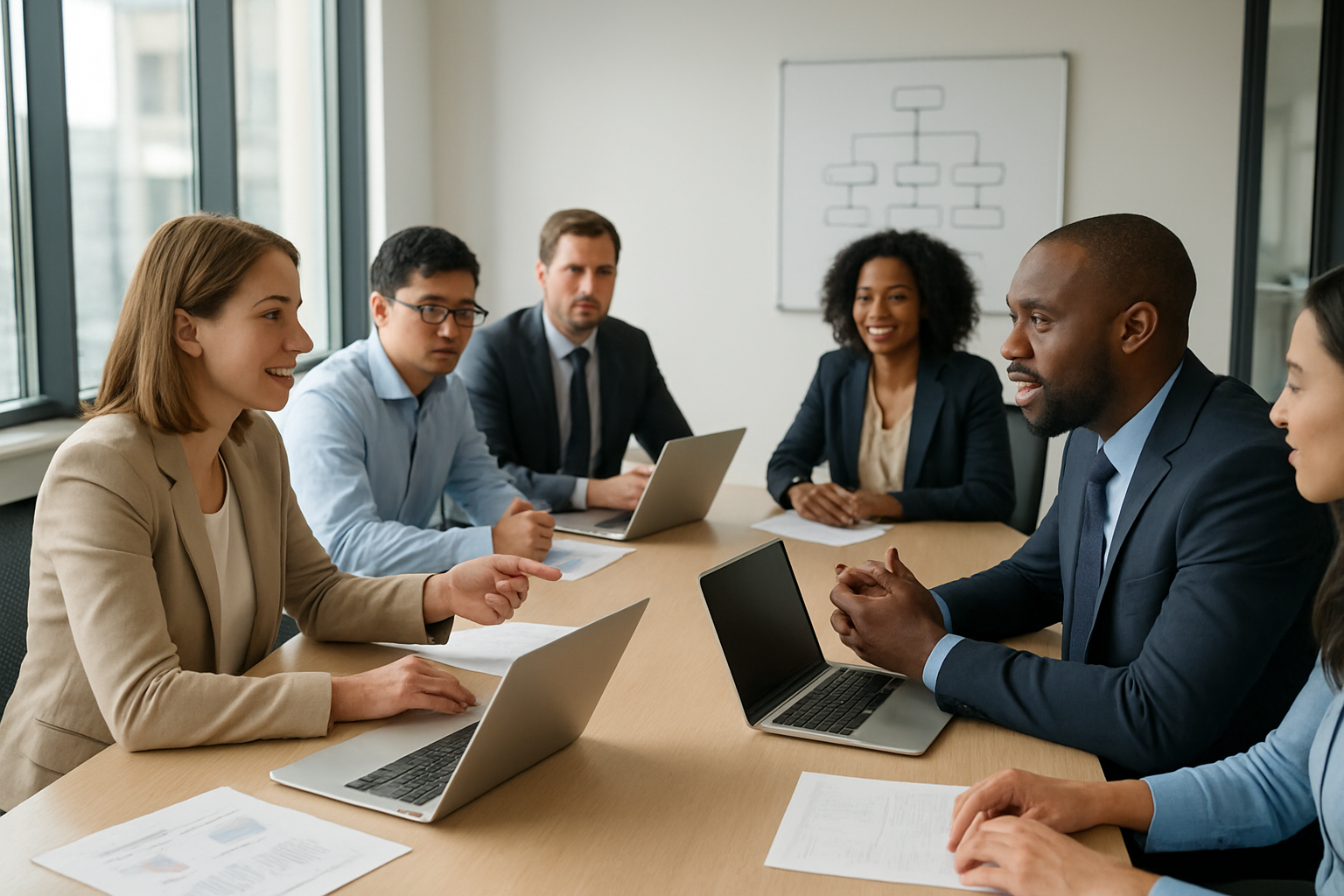 Create a realistic image of a modern corporate meeting room with a diverse group of professionals collaborating around a conference table, including a white female HR manager and a black male department head engaged in discussion, with laptops and documents spread across the table, bright natural lighting from large windows, contemporary office furniture, a whiteboard with organizational charts in the background, conveying a productive and collaborative business atmosphere, Absolutely NO text should be in the scene.