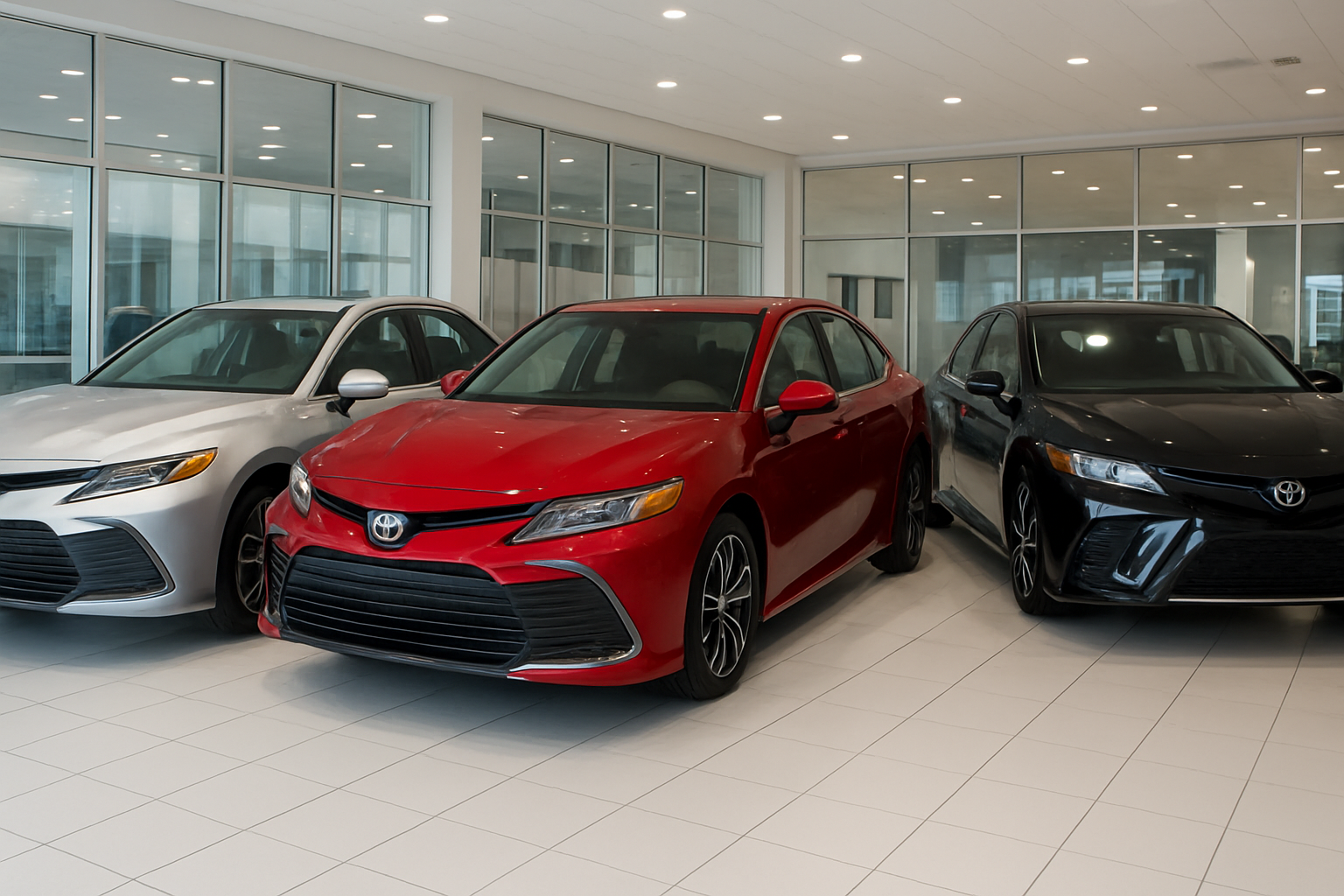 Create a realistic image of three 2025 Toyota Camry vehicles parked side by side in a modern car dealership showroom, with the LE model on the left in silver, SE model in the center in red, and XSE model on the right in black, positioned at slight angles to showcase their front and side profiles, with bright showroom lighting reflecting off their polished surfaces, clean white tile flooring, and large glass windows in the background creating a professional automotive retail environment that conveys comparison and choice-making, absolutely NO text should be in the scene.