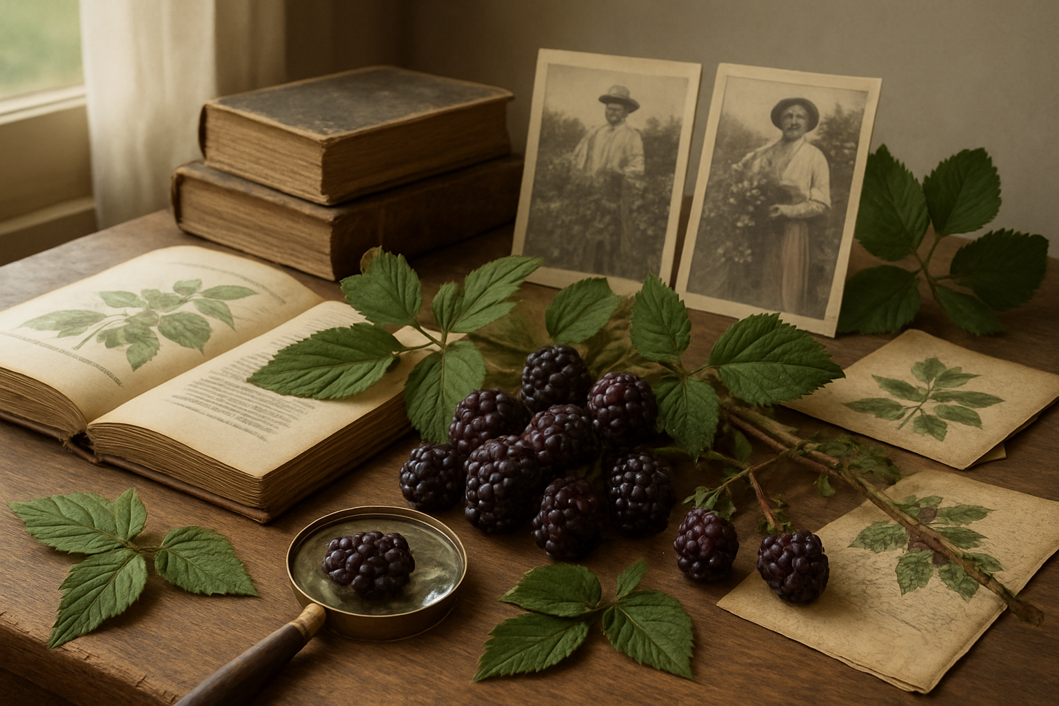 Create a realistic image of vintage botanical illustration style scene showing the historical development of boysenberries, featuring an antique wooden table with old gardening books, historical photographs from the 1920s-1930s era, fresh boysenberry clusters with their distinctive dark purple color, some original boysenberry plant specimens with leaves and thorny vines, a magnifying glass examining the berries, and aged paper documents or seed packets scattered around, all set against a soft natural lighting from a window, creating a nostalgic educational atmosphere that represents agricultural history and botanical discovery, absolutely NO text should be in the scene.