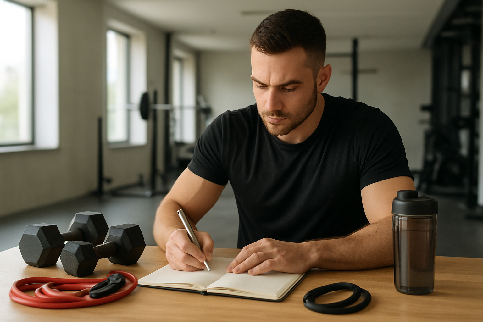 Create a realistic image of a fitness planning scene with a white male athlete in athletic wear sitting at a wooden table, writing in a notebook with a pen, surrounded by fitness equipment like dumbbells, resistance bands, and a water bottle, with a clean modern gym environment in the soft natural lighting background, conveying a focused and determined mood as he plans his workout routine, absolutely NO text should be in the scene.