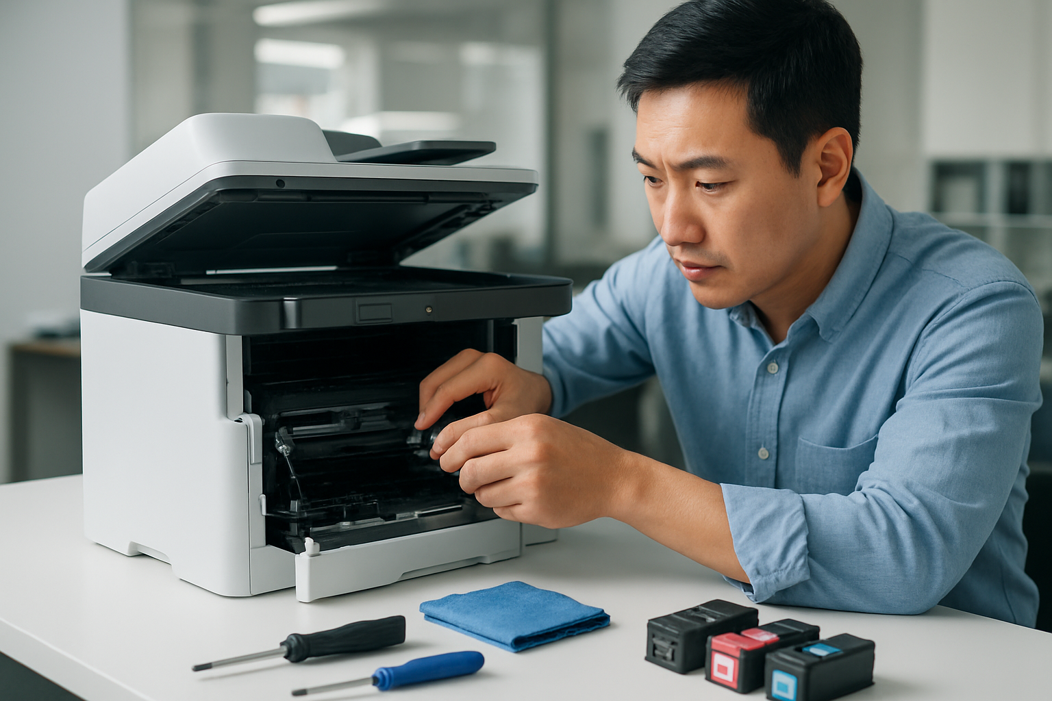 Create a realistic image of an HP MFP 139fnw printer on a clean white desk with maintenance tools scattered around including screwdrivers, cleaning cloths, and ink cartridges, showing hands of an Asian male technician performing maintenance work on the open printer with good lighting from above, professional office environment in the background, focused and methodical mood. Absolutely NO text should be in the scene.