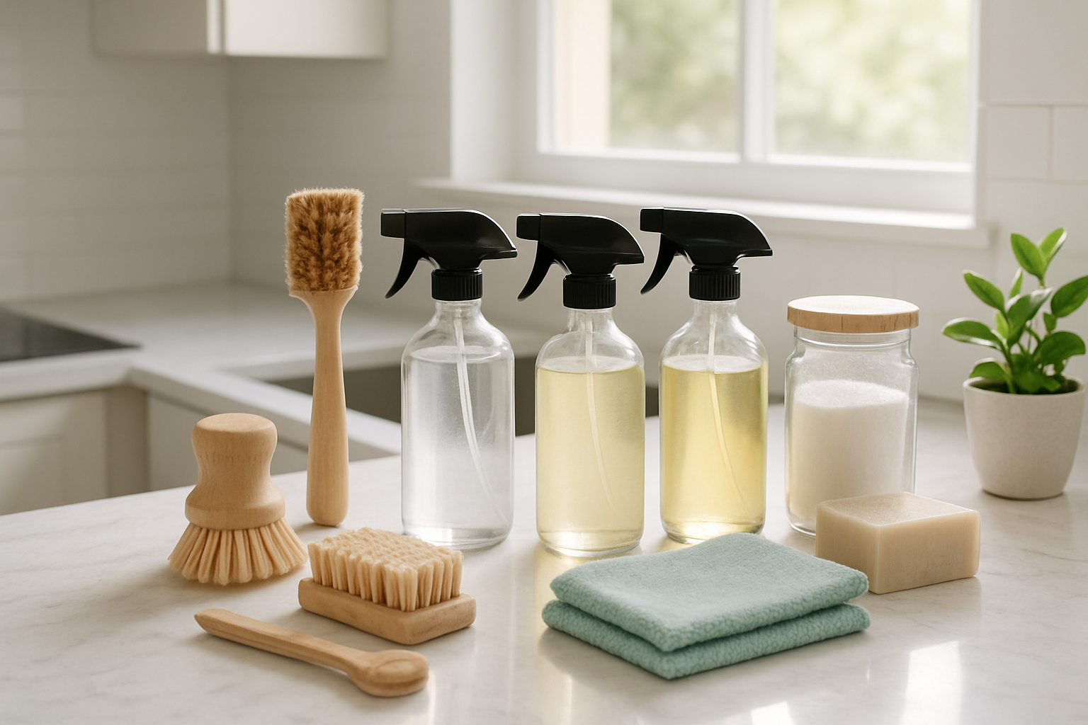 Create a realistic image of a modern kitchen counter showcasing an array of eco-friendly, non-toxic cleaning products including glass spray bottles with natural cleaning solutions, bamboo scrub brushes, wooden cleaning tools, microfiber cloths, and plant-based cleaning supplies arranged neatly on a clean white marble countertop, with bright natural lighting streaming through a window, creating a fresh and healthy home environment that emphasizes safety and sustainability, absolutely NO text should be in the scene.