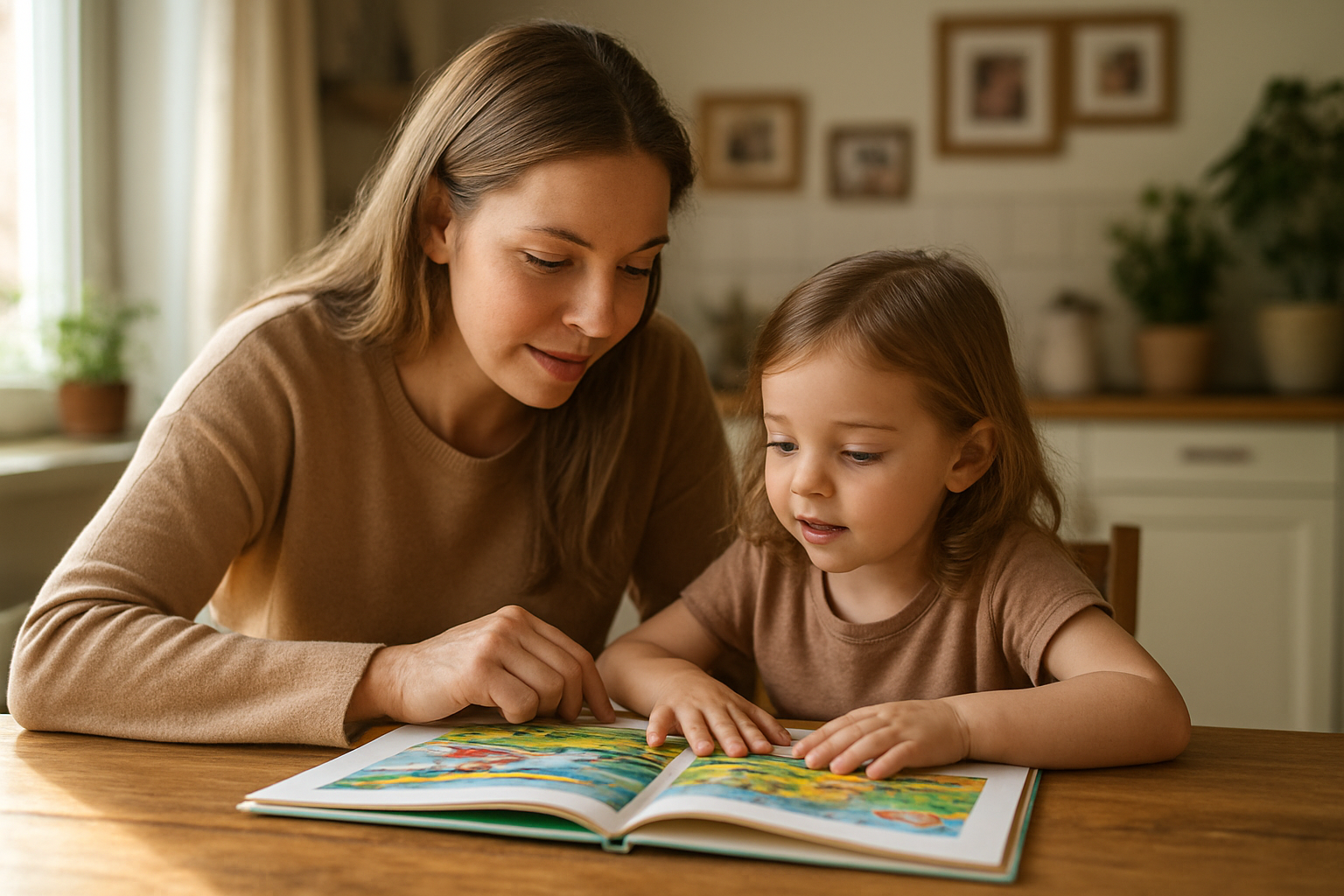 Create a realistic image of a white female mother sitting at a wooden kitchen table with her young child, engaged in a meaningful conversation while looking at a colorful storybook together, warm natural sunlight streaming through a nearby window creating soft shadows, cozy home environment with family photos and plants visible in the blurred background, peaceful and nurturing atmosphere showing intentional bonding moment, absolutely NO text should be in the scene.