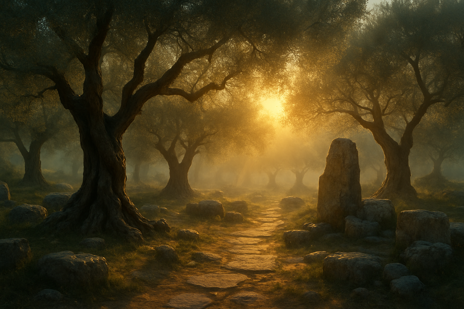Create a realistic image of an ancient olive grove at dawn with gnarled olive trees, weathered stone formations, and dappled golden sunlight filtering through the branches casting gentle shadows on the ground, featuring a serene and contemplative atmosphere with soft morning light illuminating the peaceful garden setting, ancient stone pathways winding through the grove, and a sense of spiritual tranquility and hope emerging from darkness, with warm golden and soft blue tones suggesting divine presence and renewed strength, absolutely NO text should be in the scene.