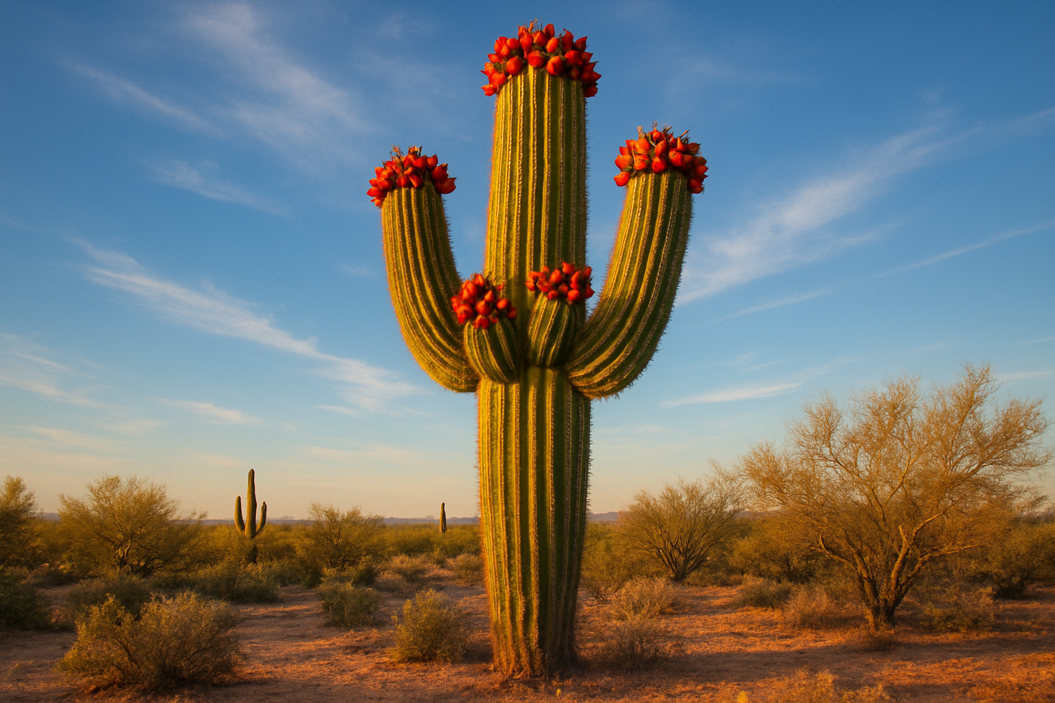 Create a realistic image of a majestic saguaro cactus standing tall in the Sonoran desert with vibrant red-orange oval-shaped fruits visible at the top of its arms and crown, showcasing both the impressive height and distinctive columnar shape of the cactus against a clear blue sky with wispy white clouds, surrounded by desert landscape with sandy soil and scattered smaller desert plants, captured in warm golden hour lighting that highlights the textural details of the cactus's ribbed surface and the glossy appearance of the ripe saguaro fruits, absolutely NO text should be in the scene.