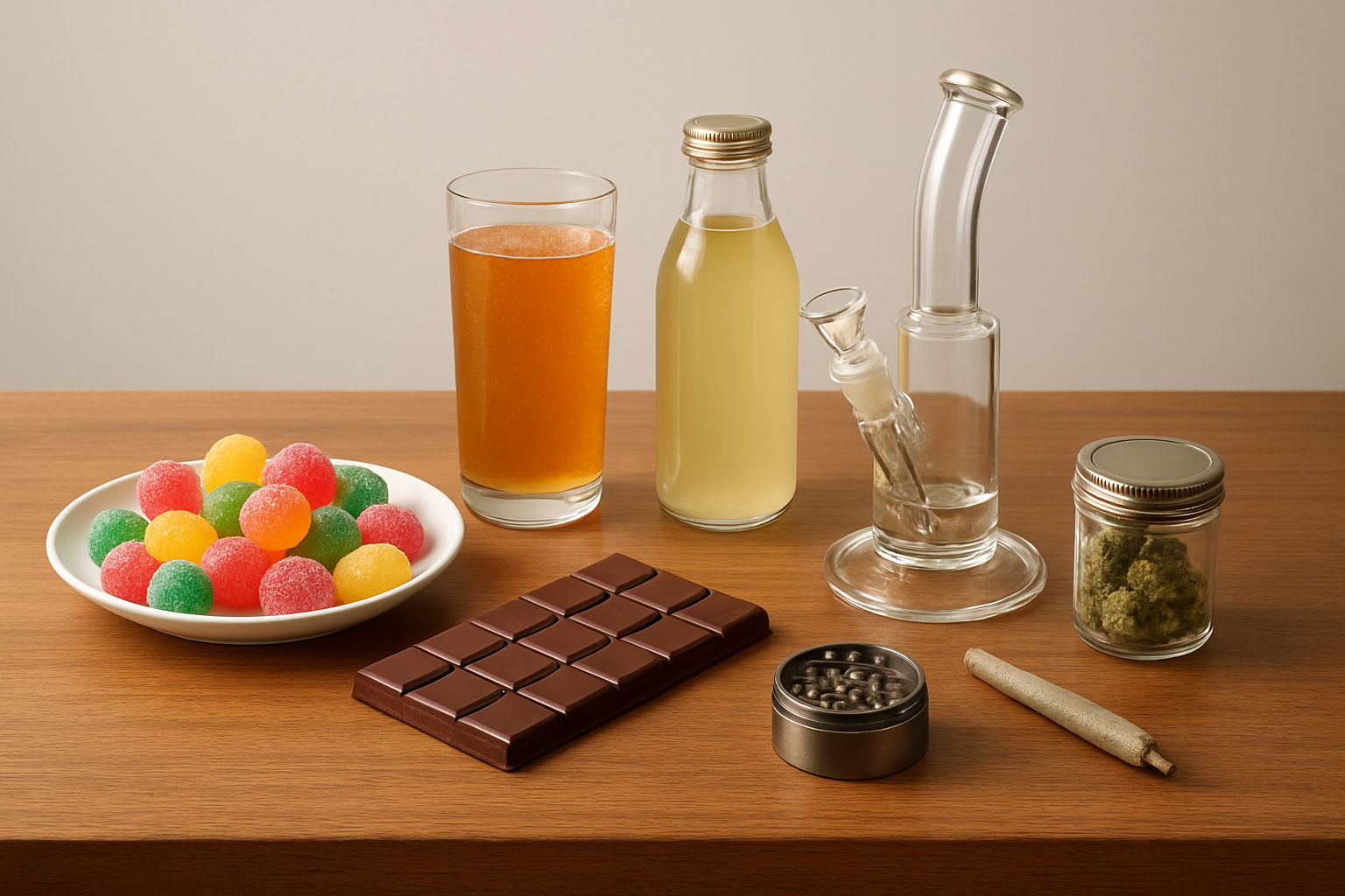 Create a realistic image of a clean, modern wooden table displaying a clear comparison between cannabis consumption methods, featuring colorful cannabis gummies, chocolate edibles, and infused beverages on one side contrasted with smoking paraphernalia on the other side, set against a neutral background with soft, even lighting that emphasizes the appealing presentation of the edible products, absolutely NO text should be in the scene.