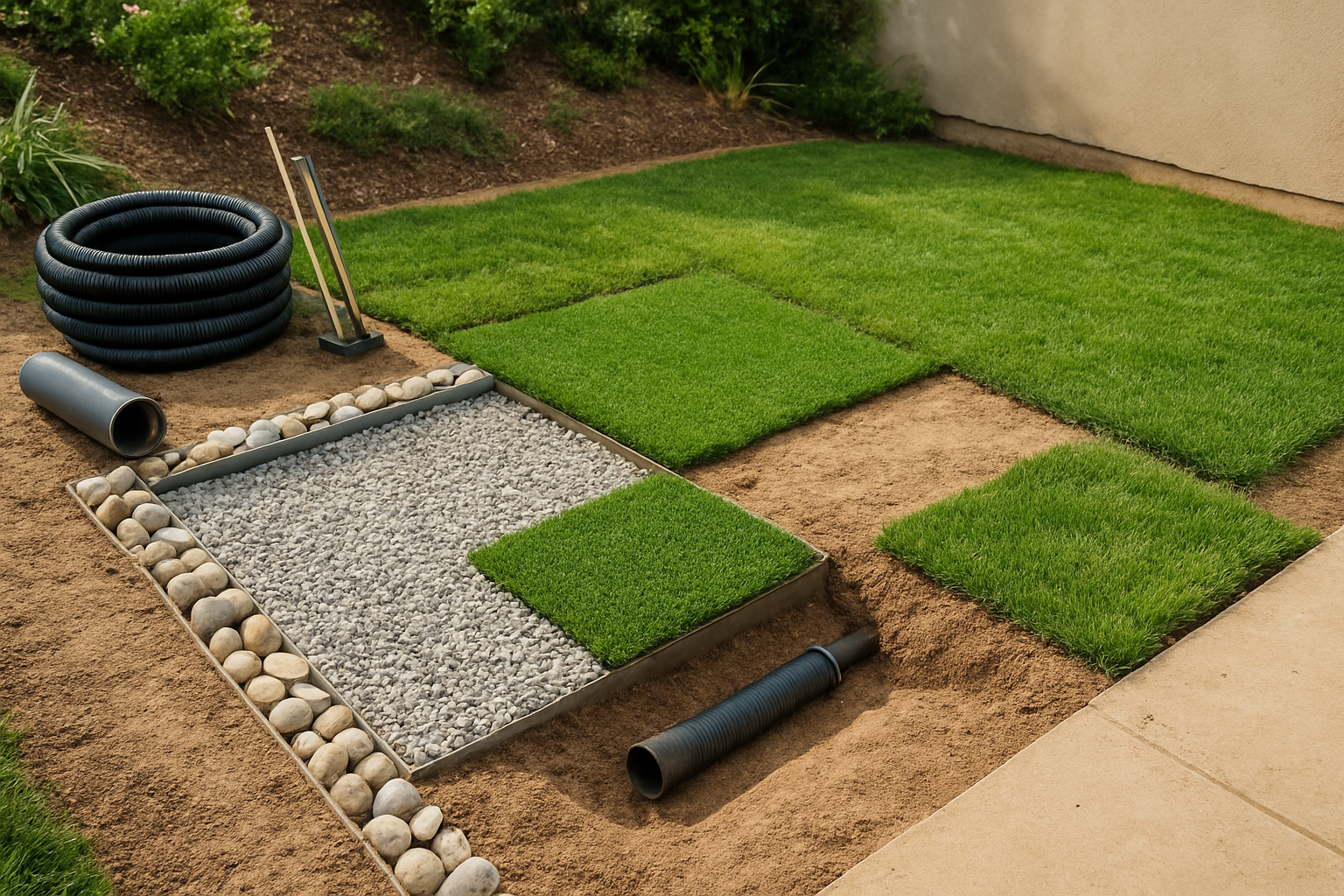 Create a realistic image of a well-designed outdoor dog potty area showing different material options and location considerations, featuring a partially constructed drainage system with gravel base, artificial turf sections, and natural grass areas, surrounded by proper drainage materials like river rocks and sand, with good lighting from natural daylight, clean and organized workspace with construction materials nearby including drainage pipes and landscaping tools, set in a backyard environment with proper slope for water runoff, absolutely NO text should be in the scene.
