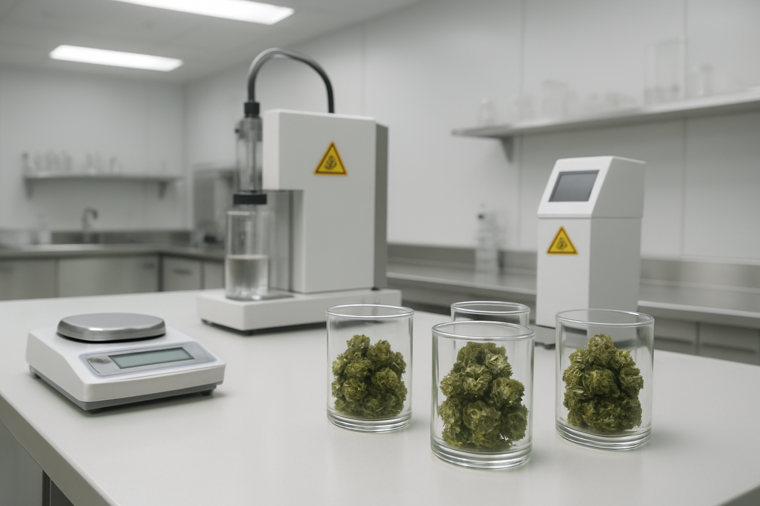 Create a realistic image of a modern laboratory setting with cannabis flower samples in clear glass containers on a white lab bench, scientific measuring equipment including a digital scale and testing apparatus, safety warning symbols and hazard labels visible on equipment, sterile laboratory environment with bright fluorescent lighting, professional atmosphere emphasizing precision and safety protocols, clean white background with stainless steel surfaces, absolutely NO text should be in the scene.