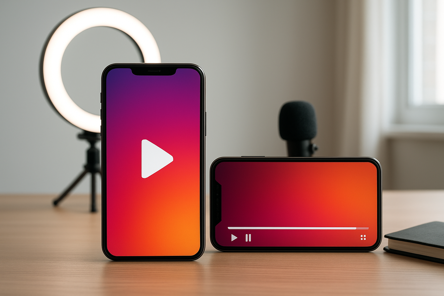 Create a realistic image of a split-screen composition showing two smartphones side by side on a modern desk, the left phone displaying a vertical short-form video interface with a play button and the right phone showing a horizontal long-form video player with a progress bar, both screens glowing with vibrant colors, surrounded by YouTube creator accessories like a ring light, small microphone, and notebook, set against a clean modern background with soft natural lighting from a window, creating a professional content creator workspace atmosphere, Absolutely NO text should be in the scene.