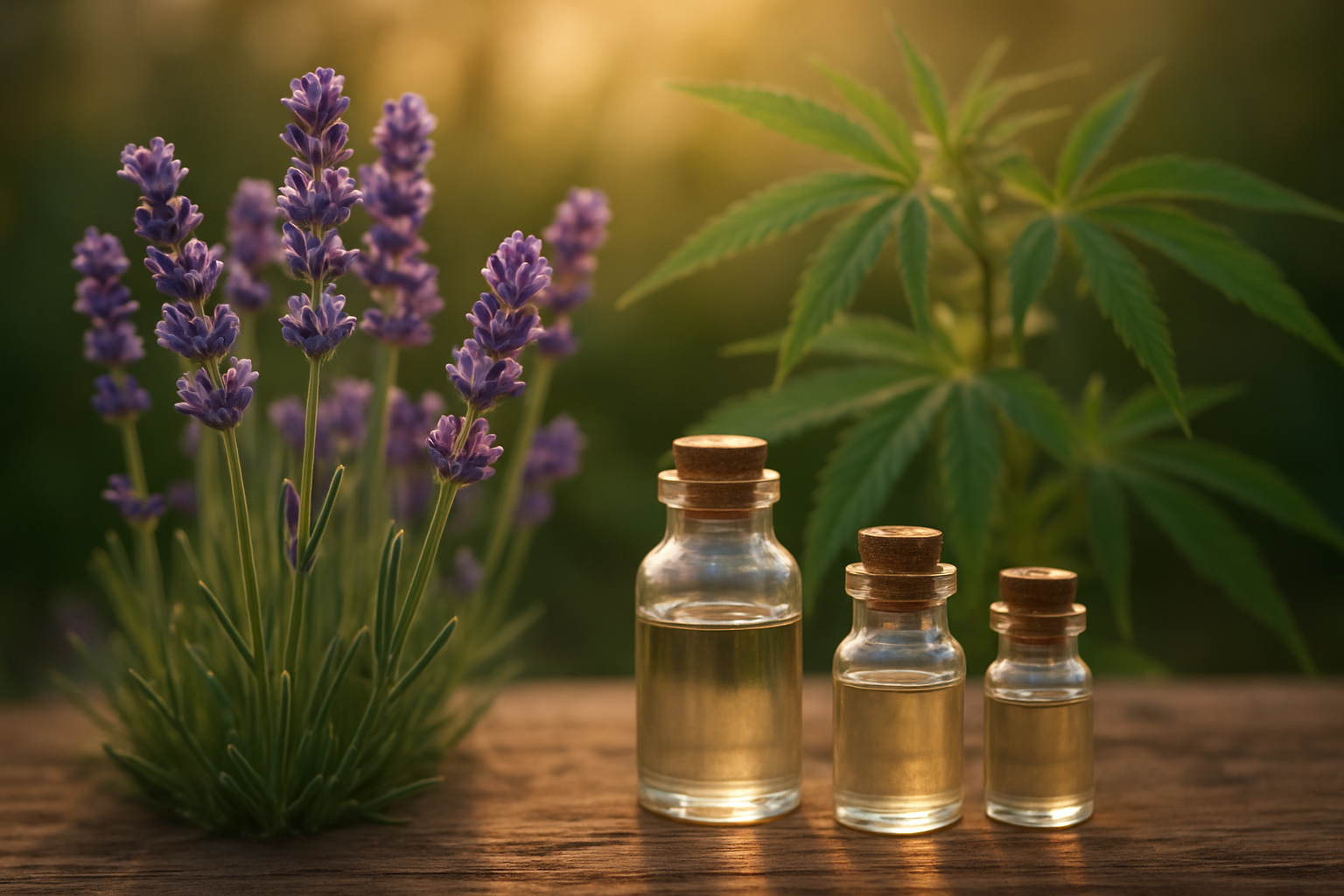 Create a realistic image of a serene botanical scene featuring purple lavender flowers in the foreground with cannabis leaves visible in the soft-focused background, alongside small glass vials containing clear essential oils, set on a natural wooden surface with warm, golden hour lighting filtering through the scene, creating a peaceful and scientific atmosphere that conveys the connection between natural terpenes and wellness, with soft shadows and a calm, educational mood throughout the composition, absolutely NO text should be in the scene.