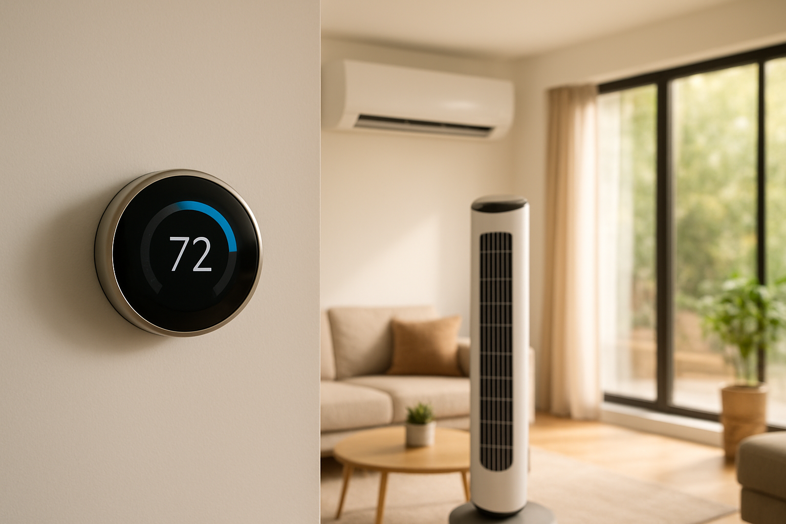 Create a realistic image of modern smart climate control devices in a contemporary living room setting, featuring a sleek smart thermostat mounted on a white wall displaying temperature settings, a white smart air conditioning unit, and a stylish tower fan, with warm natural lighting coming through large windows, comfortable furniture in the background, and a cozy atmosphere that suggests optimal temperature control, absolutely NO text should be in the scene.