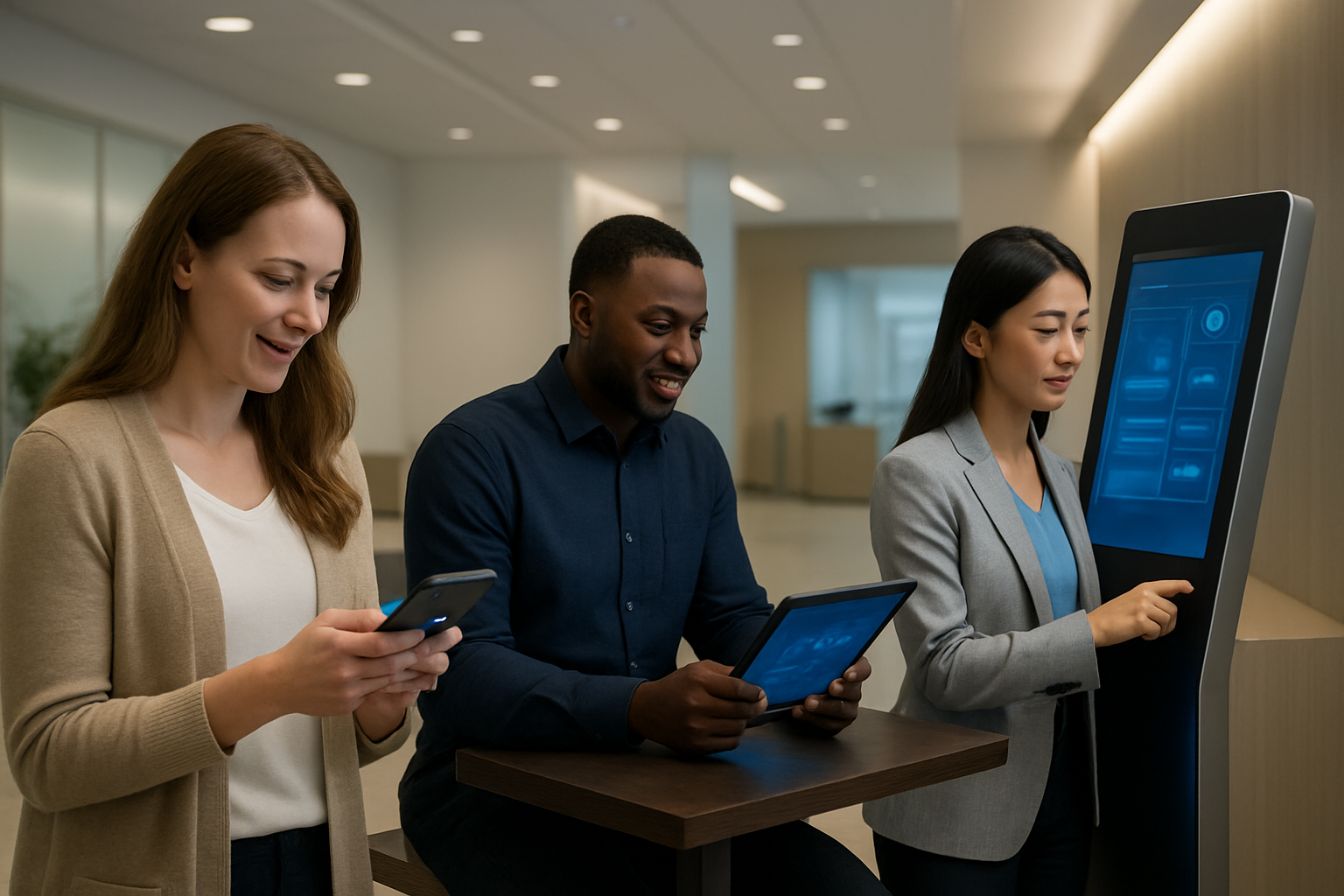 Create a realistic image of a diverse group of bank customers each interacting with personalized AI-powered banking interfaces on different devices, showing a white female customer using a smartphone with customized financial recommendations, a black male customer at a tablet displaying tailored investment options, and an Asian female customer at a sleek digital kiosk with personalized loan offers, set in a modern bank interior with soft ambient lighting, clean contemporary design elements, and subtle AI-themed visual indicators like gentle blue glows from screens, creating a welcoming and technologically advanced atmosphere that emphasizes individual customer satisfaction and personalized service, absolutely NO text should be in the scene.