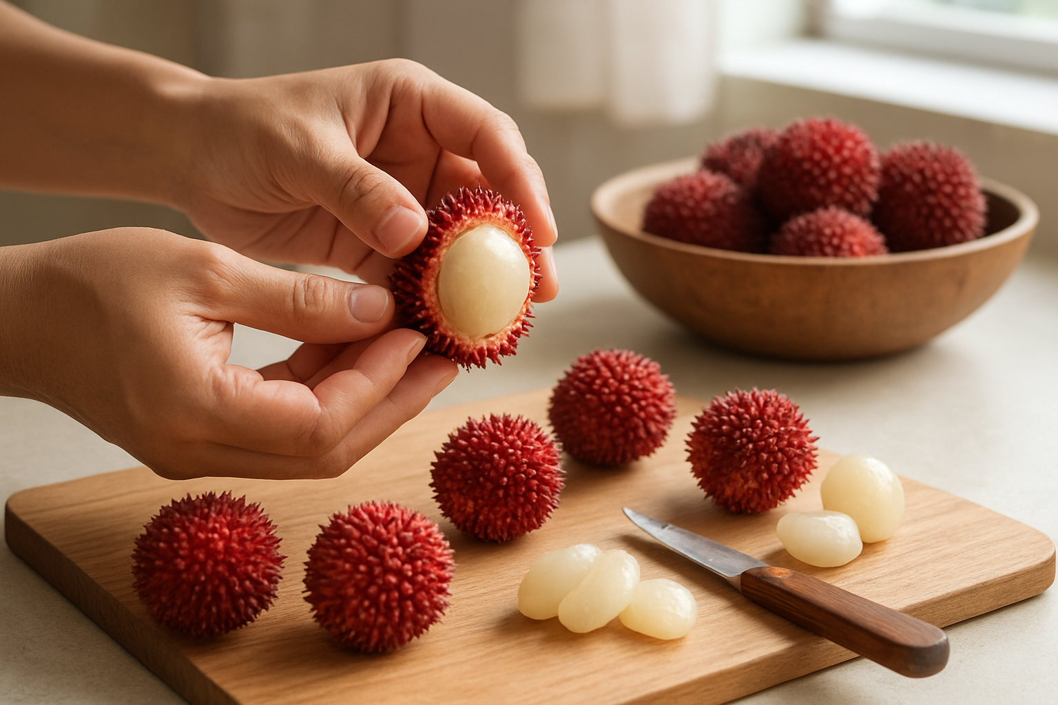 Create a realistic image of hands skillfully selecting ripe pulasan fruits from a wooden bowl and demonstrating preparation techniques, showing one pulasan being peeled open to reveal the white translucent flesh inside, with several whole reddish-pink spiky pulasan fruits scattered on a clean wooden cutting board, a small knife nearby, and some prepared pulasan segments arranged elegantly, set against a bright kitchen counter with natural daylight creating soft shadows, captured in a food photography style that emphasizes the texture and vibrant colors of the exotic fruit, absolutely NO text should be in the scene.