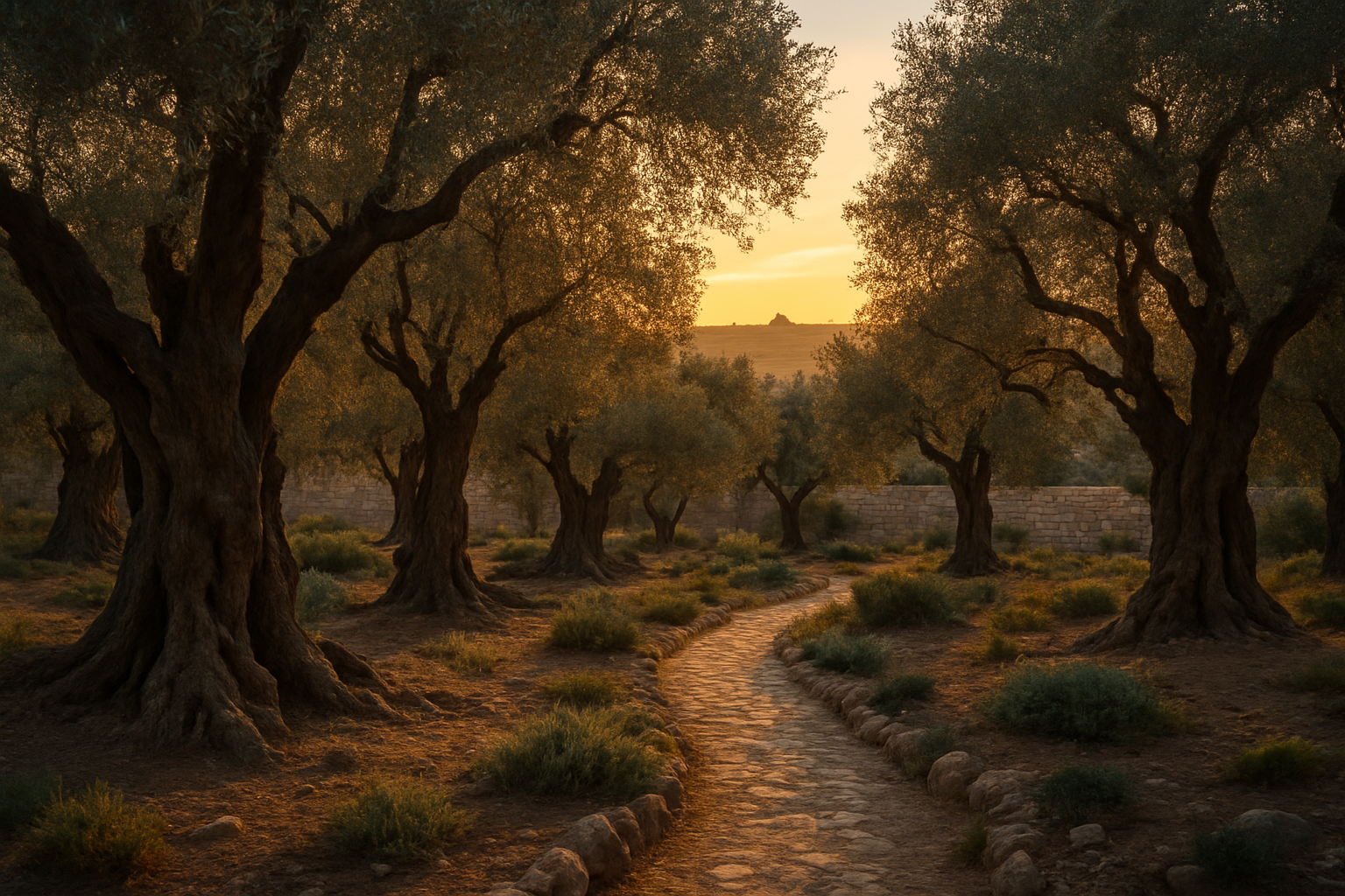 Create a realistic image of the Garden of Gethsemane at dusk, showing an ancient olive grove with gnarled, centuries-old olive trees with thick, twisted trunks and silvery-green foliage, stone pathways winding through the garden, ancient stone walls in the background, the Mount of Olives landscape with Jerusalem's distant silhouette, golden hour lighting casting long shadows between the trees, peaceful and contemplative atmosphere with soft warm light filtering through the olive branches, rocky terrain with Mediterranean vegetation, absolutely NO text should be in the scene.