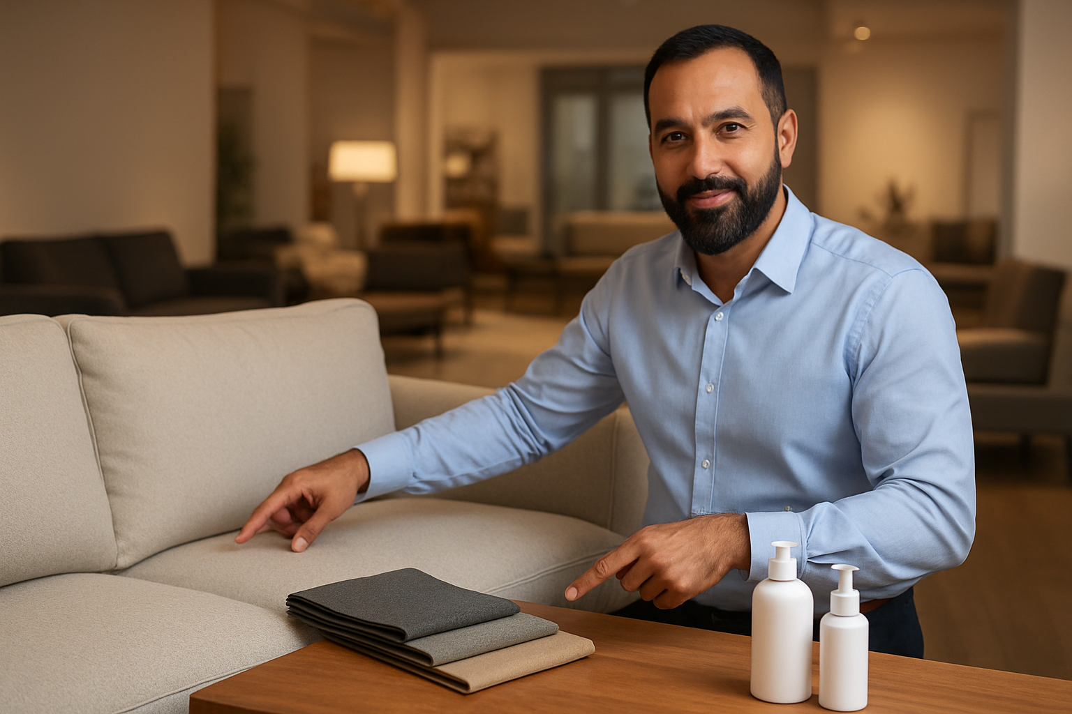 Create a realistic image of a Middle Eastern male expert furniture consultant in his 40s with a well-groomed beard wearing a professional shirt, standing beside a modern stain-resistant sofa in a contemporary furniture showroom, pointing to fabric samples and care products on a nearby table, with soft warm lighting highlighting the luxurious textures of the upholstery, clean showroom background with other furniture pieces slightly blurred, professional and informative atmosphere, absolutely NO text should be in the scene.