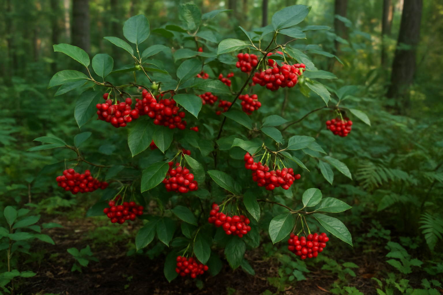 Create a realistic image of red chokeberry shrubs growing in their natural woodland habitat, showing clusters of bright red berries hanging from branches with oval-shaped leaves, set in a partially shaded forest understory with dappled sunlight filtering through tall trees, rich dark soil visible at the base, surrounded by other native woodland plants and ferns, captured in soft natural lighting that highlights the vibrant red berries against the green foliage, absolutely NO text should be in the scene.