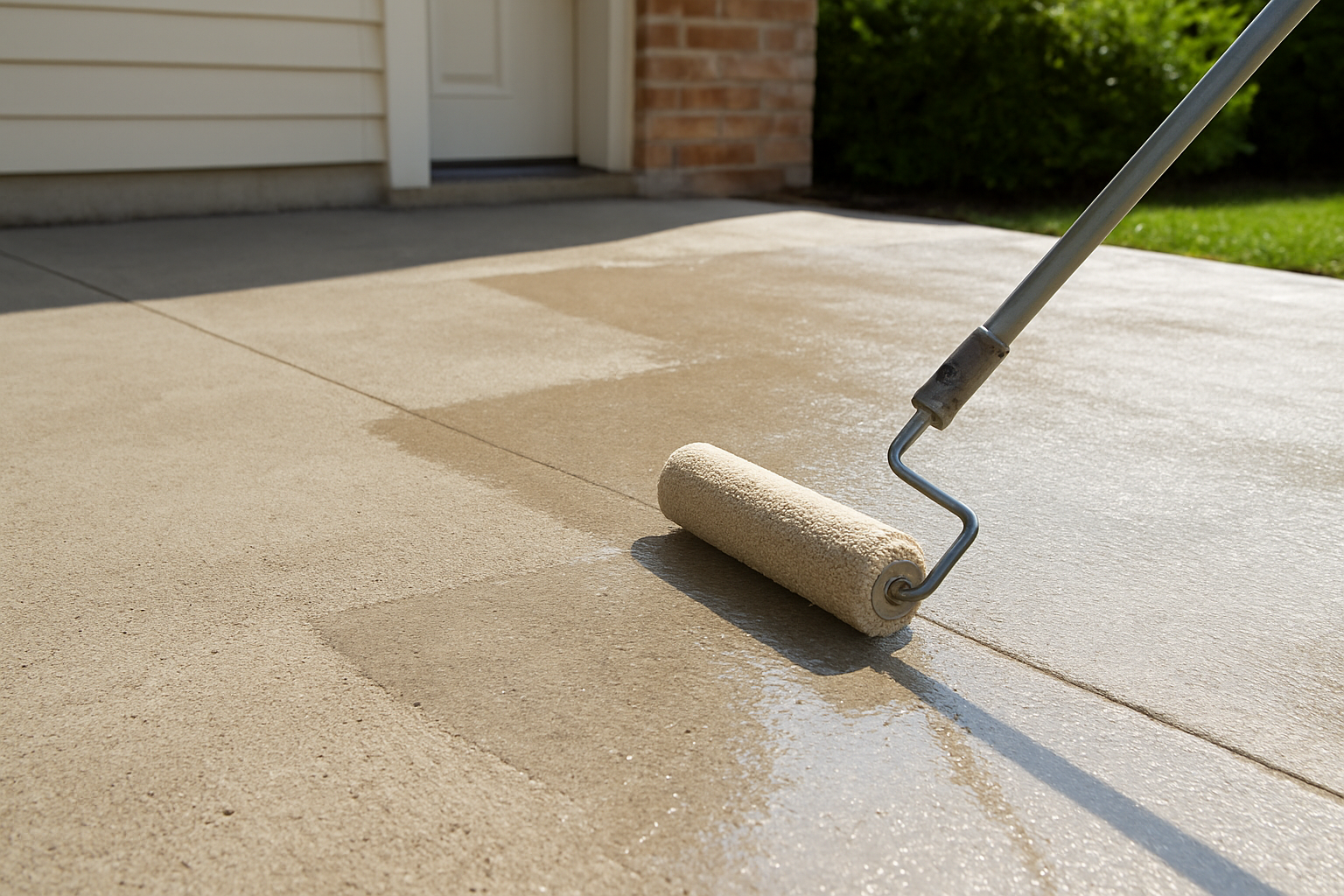 Create a realistic image of a concrete patio surface being treated with protective coating, showing a clear sealant being applied with a roller brush, with visible wet and dry sections of the concrete demonstrating the coating process, bright natural daylight illuminating the textured concrete surface, clean outdoor residential setting with a portion of house visible in background, focus on the protective treatment application without any people present, absolutely NO text should be in the scene.