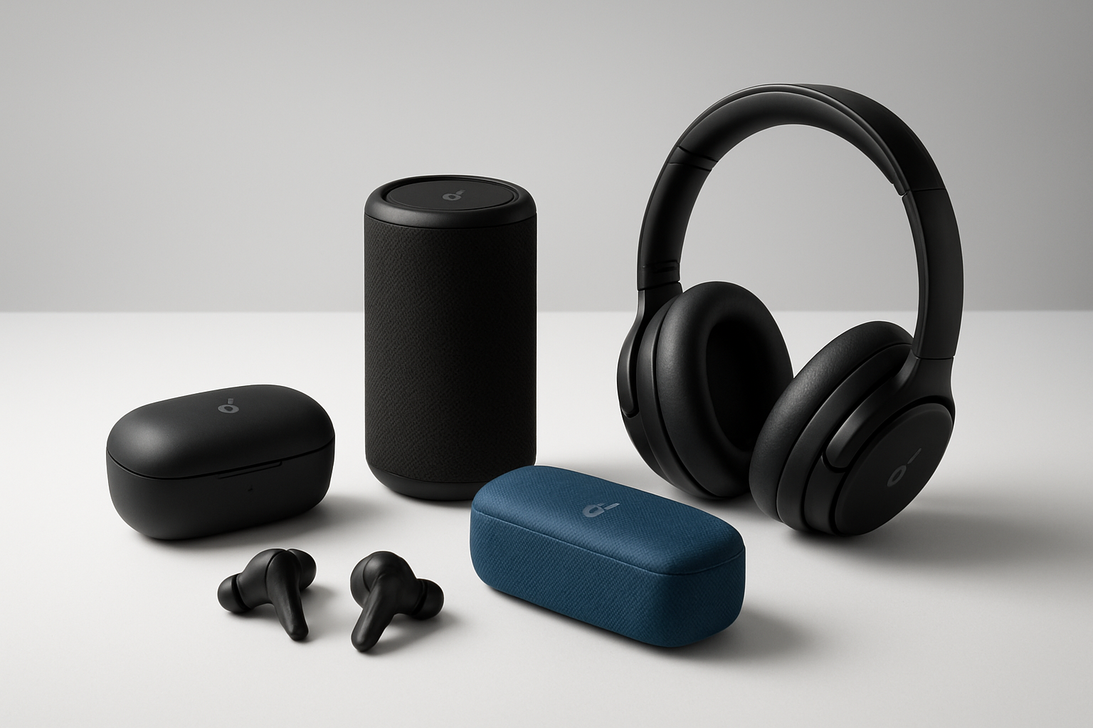 Create a realistic image of Soundcore by Anker audio products elegantly arranged on a clean white surface, featuring wireless earbuds, portable Bluetooth speakers, and over-ear headphones in sleek black and blue color schemes, with soft studio lighting creating subtle shadows, modern minimalist background with gentle gradient lighting, professional product photography style showcasing the premium build quality and modern design aesthetic of the audio devices, absolutely NO text should be in the scene.
