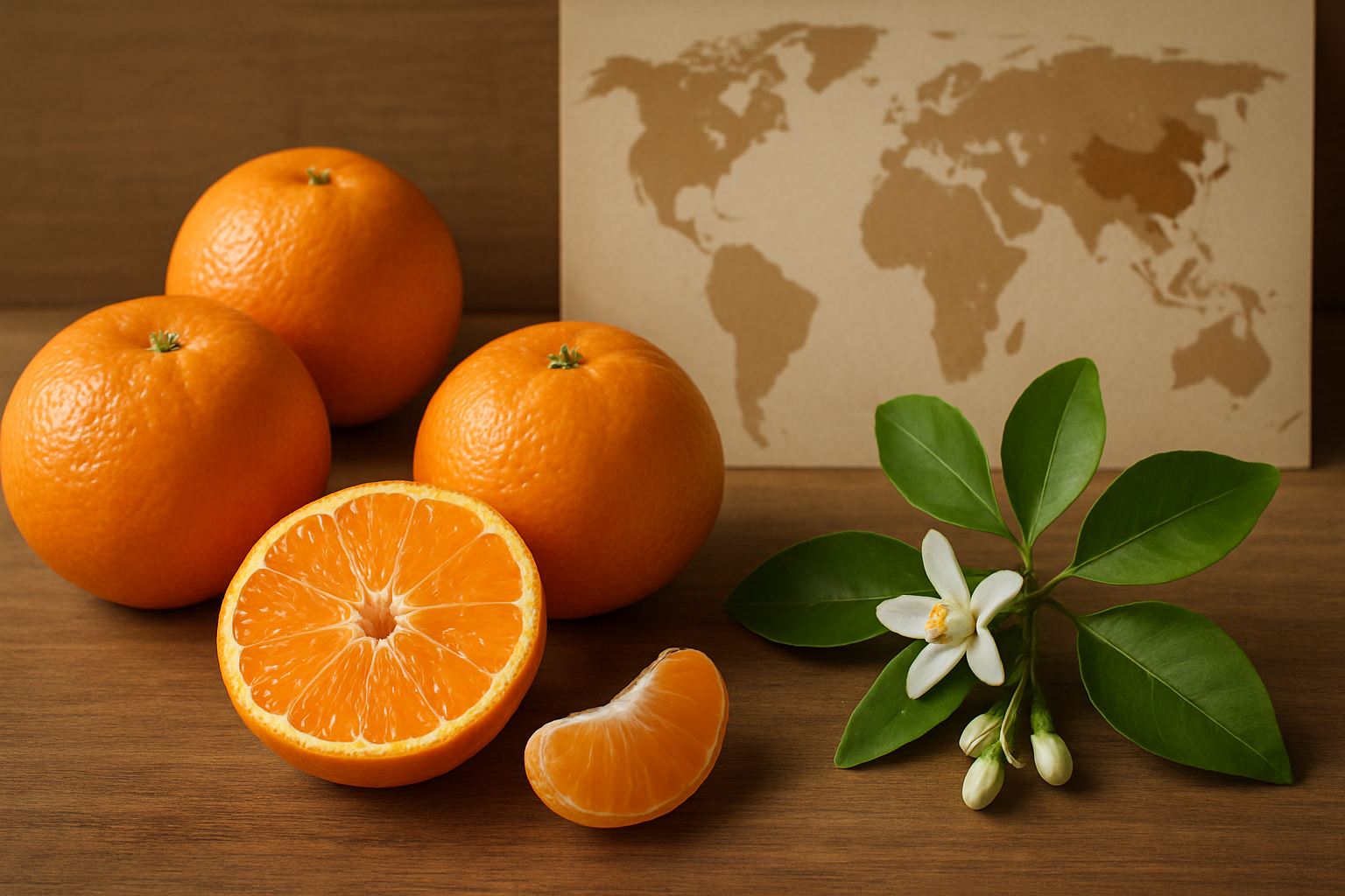 Create a realistic image of fresh tangerines arranged on a wooden surface alongside botanical classification elements including a detailed cross-section of a tangerine showing segments, a small branch with green leaves and white citrus blossoms, and a world map in the background highlighting Asia as the origin region, with warm natural lighting creating soft shadows, scientific and educational mood, clean composition with earthy tones of orange, green, and brown, absolutely NO text should be in the scene.