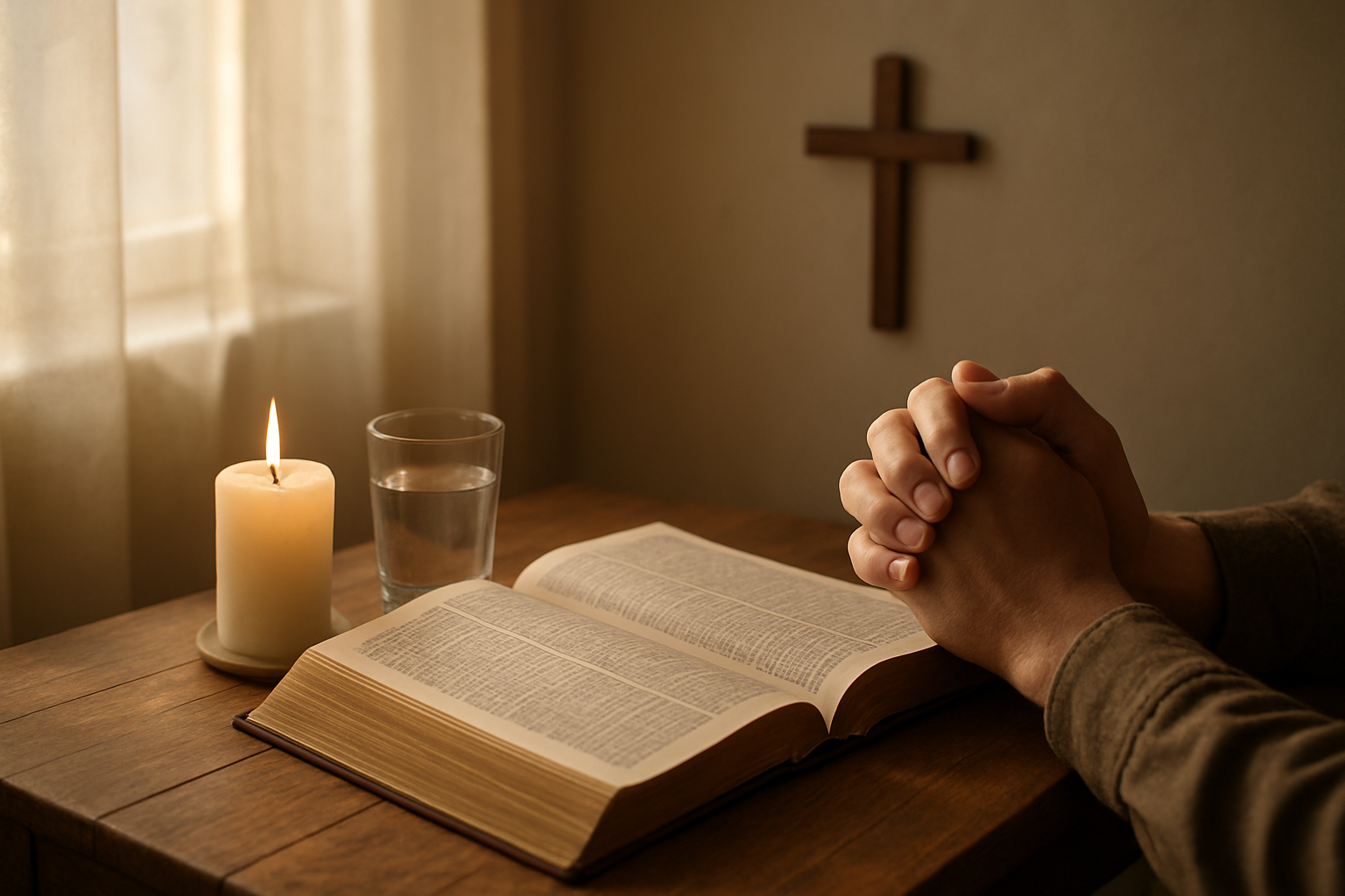 Create a realistic image of a peaceful indoor prayer space with an open Bible resting on a wooden table, surrounded by a lit white candle, a glass of water, and folded hands of a person in prayer position, soft warm lighting filtering through a window creating a serene atmosphere, with simple wooden cross on the wall in the background, conveying preparation and spiritual devotion, absolutely NO text should be in the scene.