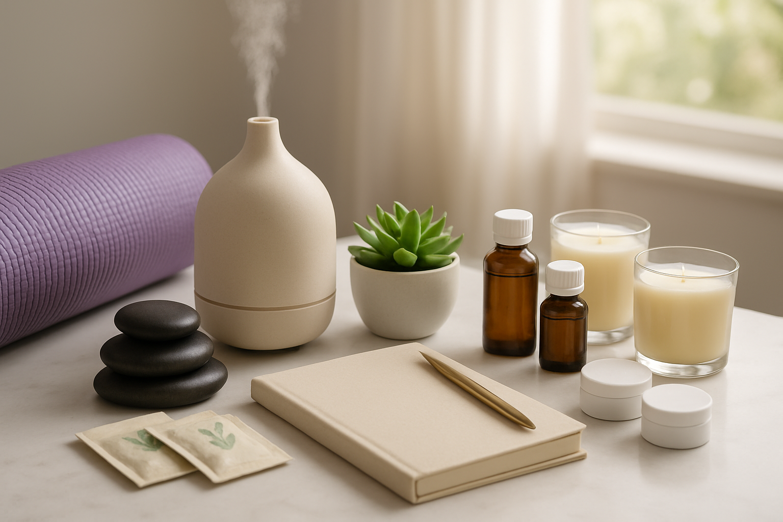 Create a realistic image of wellness and health-focused Mother's Day gifts elegantly arranged on a clean white marble surface, including essential oil diffuser with soft mist, rolled yoga mat in purple, massage stones, herbal tea packets, wellness journal with pen, vitamin bottles, face mask containers, aromatherapy candles, and a small potted succulent plant, with soft natural lighting from a nearby window creating gentle shadows, warm and serene atmosphere, minimalist spa-like setting with subtle greenery in the blurred background, absolutely NO text should be in the scene.
