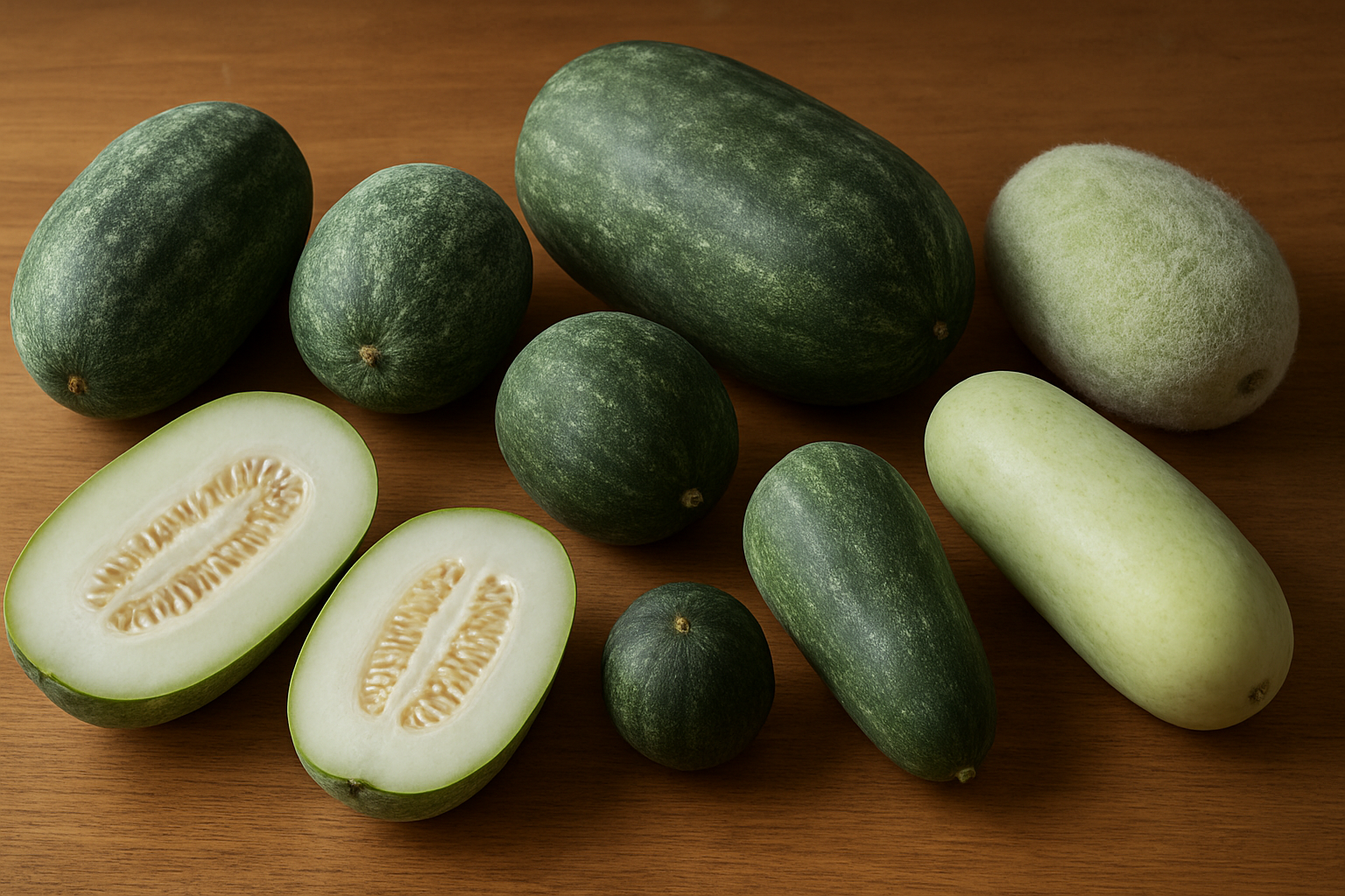 Create a realistic image of various winter melon varieties displayed side by side showing their unique characteristics, including whole winter melons of different sizes and shapes with their distinctive waxy white coating and dark green skin underneath, some cut in half to reveal the white flesh and seed cavity inside, arranged on a clean wooden surface with natural lighting highlighting the textural differences between varieties, some melons showing the fuzzy exterior while others display the smooth waxy surface, with clear visibility of size variations from small round types to large oblong varieties, absolutely NO text should be in the scene.
