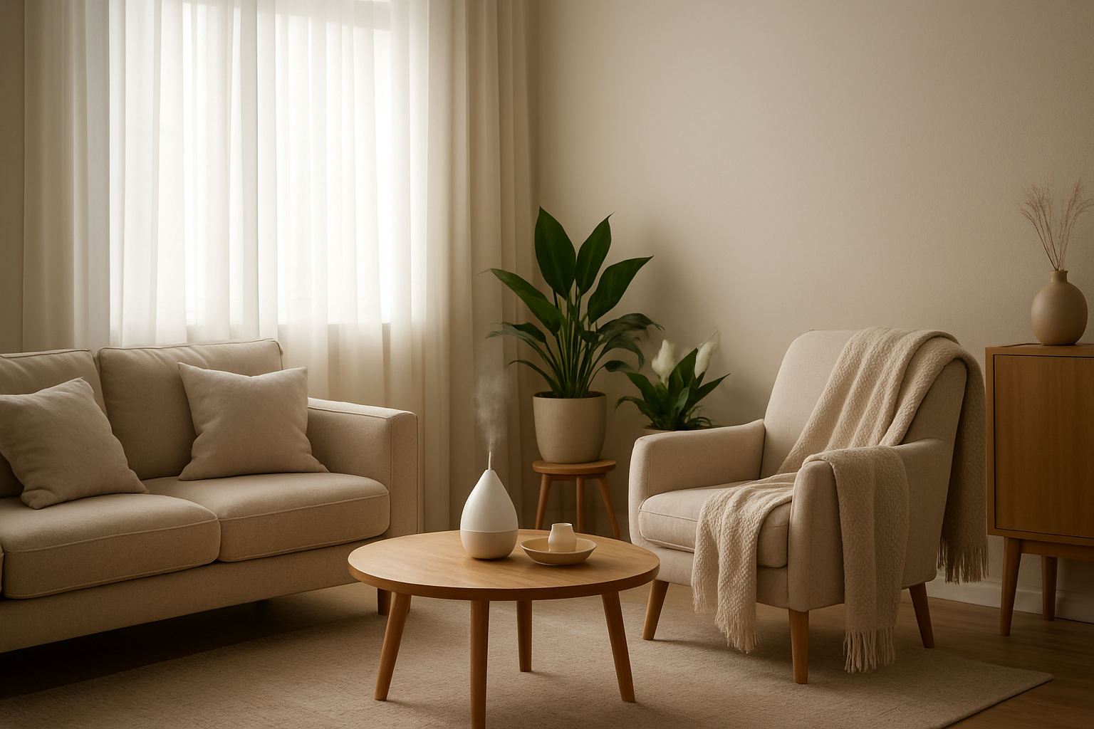Create a realistic image of a serene living room transformed for maximum calm featuring soft natural lighting streaming through sheer curtains, comfortable neutral-toned furniture with plush cushions, indoor plants including peace lilies and snake plants placed strategically around the room, essential oil diffuser releasing gentle mist, decluttered surfaces with minimal decorative elements, warm wood accents, soft throw blankets draped over a cozy armchair, and a peaceful ambiance with muted earth tone color palette. Absolutely NO text should be in the scene.