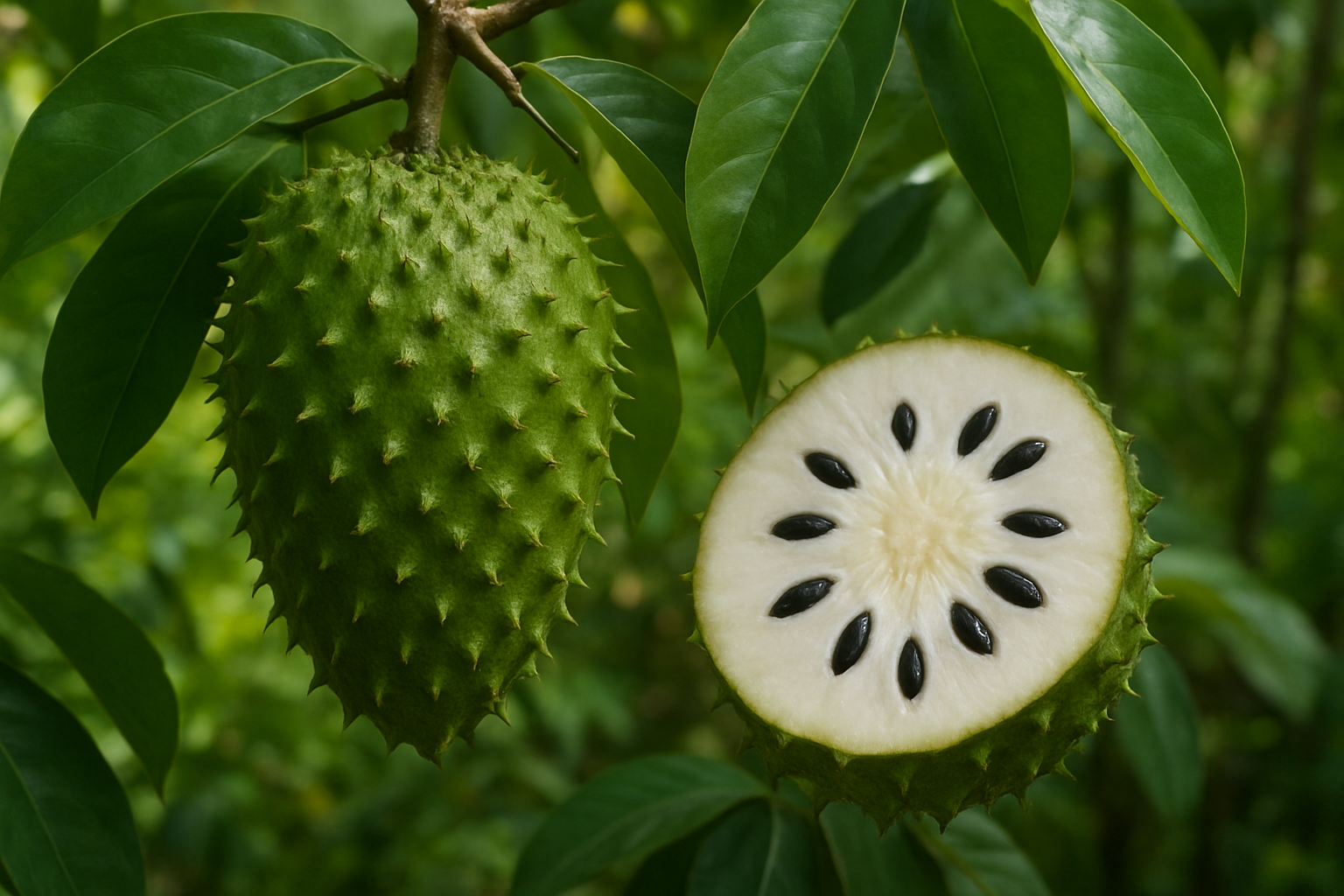 Create a realistic image of a whole soursop fruit with its distinctive green spiky skin texture hanging from a tropical tree branch, surrounded by large glossy green leaves, with a cross-section of the fruit nearby showing the white creamy flesh with black seeds inside, set against a lush tropical garden background with soft natural lighting filtering through the canopy, creating a botanical study atmosphere that showcases the fruit's origins and natural characteristics, absolutely NO text should be in the scene.