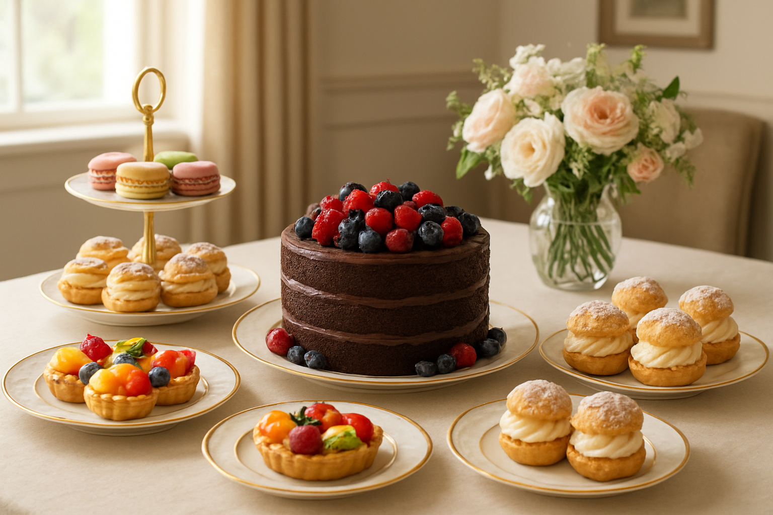 Create a realistic image of an elegant dessert spread featuring multiple sweet treats arranged on a beautiful dining table, including a layered chocolate cake with fresh berries, colorful macarons, cream-filled pastries, and delicate fruit tarts, all artfully displayed on fine china plates and tiered serving stands, with soft natural lighting from a nearby window creating a warm and inviting Mother's Day celebration atmosphere, fresh flowers as table decorations, and a cozy dining room background with tasteful home decor, absolutely NO text should be in the scene.