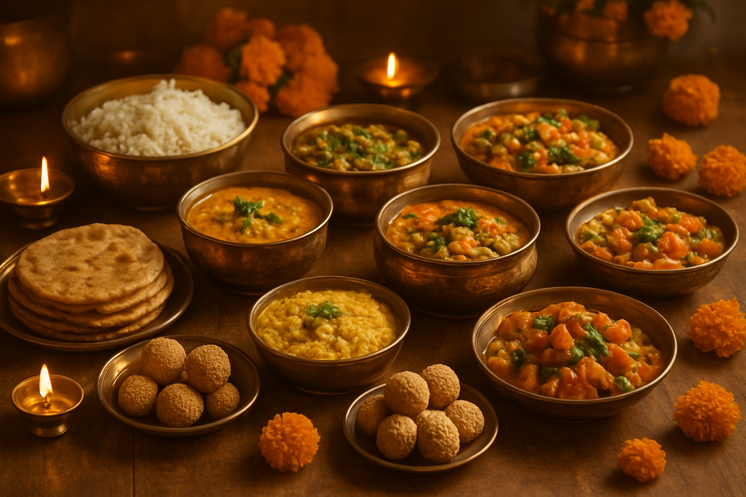 Create a realistic image of a traditional Indian dining table spread with an elaborate Makar Sankranti feast featuring multiple main dishes and complete meal items including steaming bowls of khichdi, plates of freshly made rotis and puris, colorful vegetable curries in ornate serving bowls, dal in a copper vessel, rice dishes, traditional sweets like tilgul and sesame ladoos, all arranged on a wooden table with brass utensils, diyas (oil lamps) creating warm ambient lighting, marigold flowers as decoration, and a festive atmosphere with golden warm lighting suggesting a celebratory Indian kitchen setting, absolutely NO text should be in the scene.