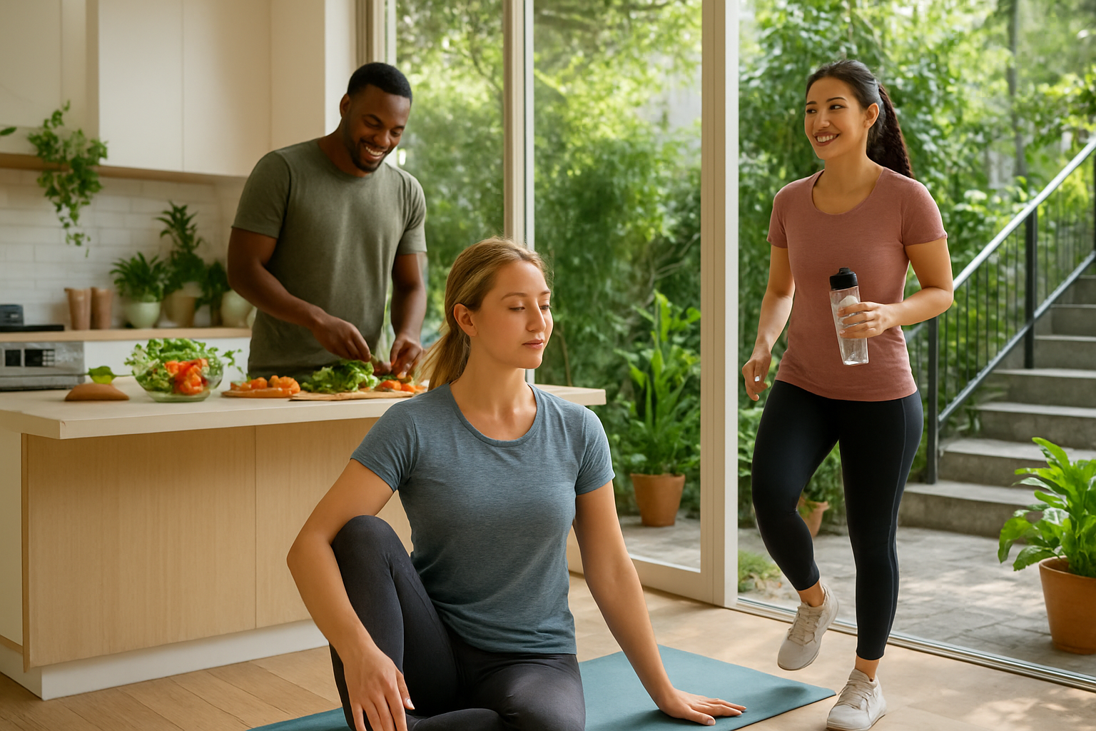Create a realistic image of a diverse group including a white female, black male, and Asian female in their 30s engaging in healthy lifestyle activities in a bright, naturally lit indoor-outdoor setting, showing one person doing yoga on a mat, another preparing fresh colorful vegetables in a modern kitchen visible in the background, and the third person walking up stairs with a water bottle, surrounded by plants, natural sunlight streaming through large windows, creating an energetic and vibrant atmosphere that conveys long-term wellness and sustained vitality, absolutely NO text should be in the scene.
