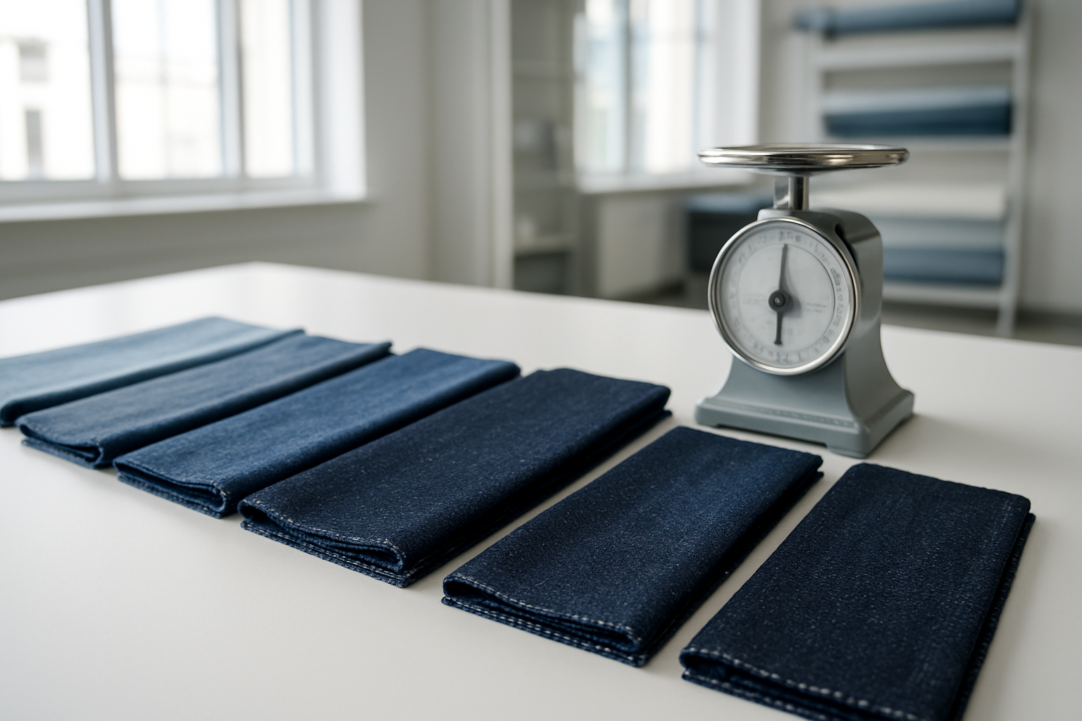 Create a realistic image of various denim fabric samples arranged on a clean white surface, showcasing different weights from lightweight chambray to heavy raw denim, with fabric swatches displaying varying thicknesses and textures, alongside a professional fabric scale or measuring tool, in a bright textile laboratory or design studio setting with natural lighting from large windows, creating a clean and organized workspace atmosphere that conveys precision and quality assessment. Absolutely NO text should be in the scene.